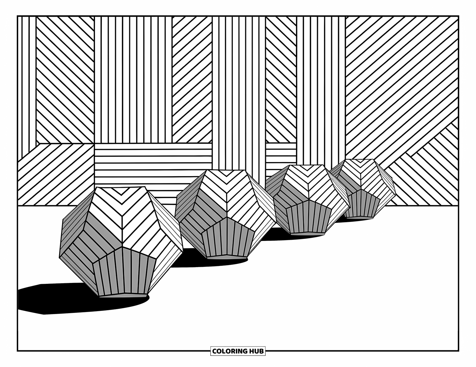 Geometric Coloring Page for Adults: A sequence of evolving polygons flows through detailed patterns