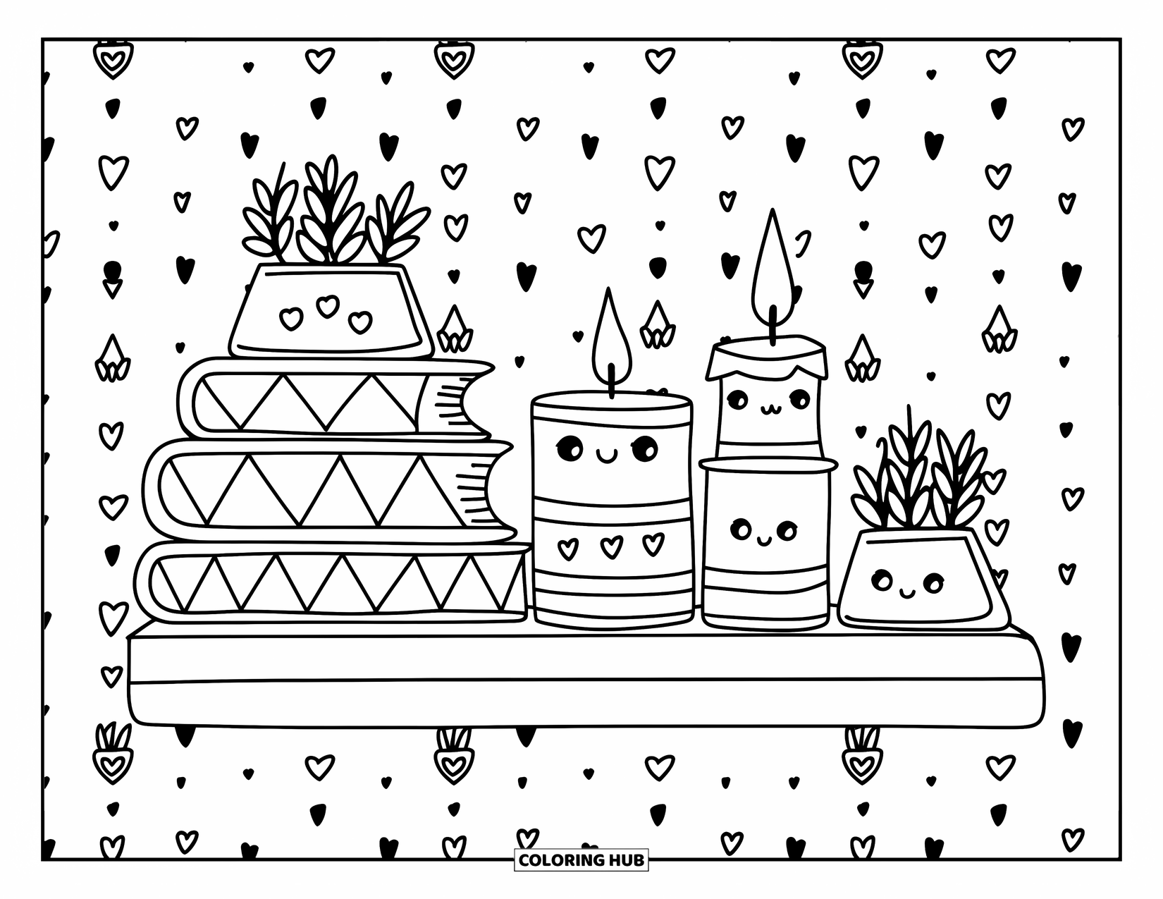 Geometric Coloring Page for Adults: A shelf with candles, books, and planters sits above whimsical dotted and zigzag wallpaper