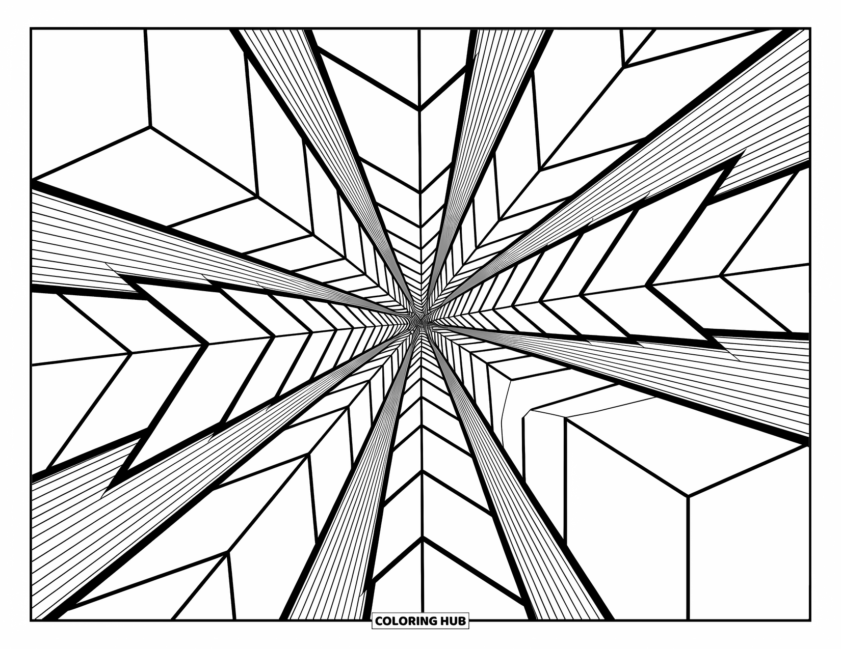 Geometric Coloring Page for Adults: A swirling vortex of cubes and planes sits within a clean, intricate geometric design