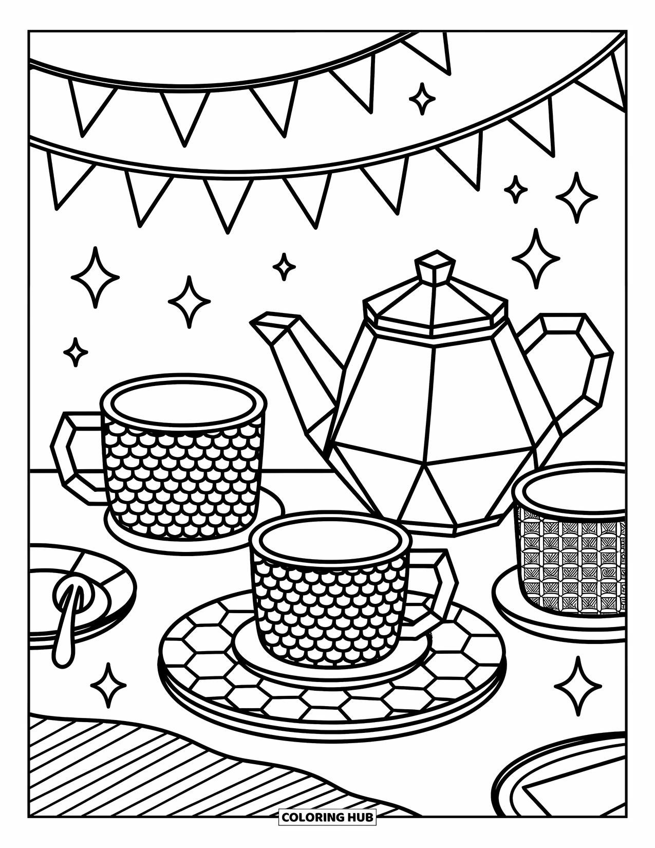 Geometric Coloring Page for Adults: A warm tabletop scene with a teapot, mugs, and playful hanging decorations