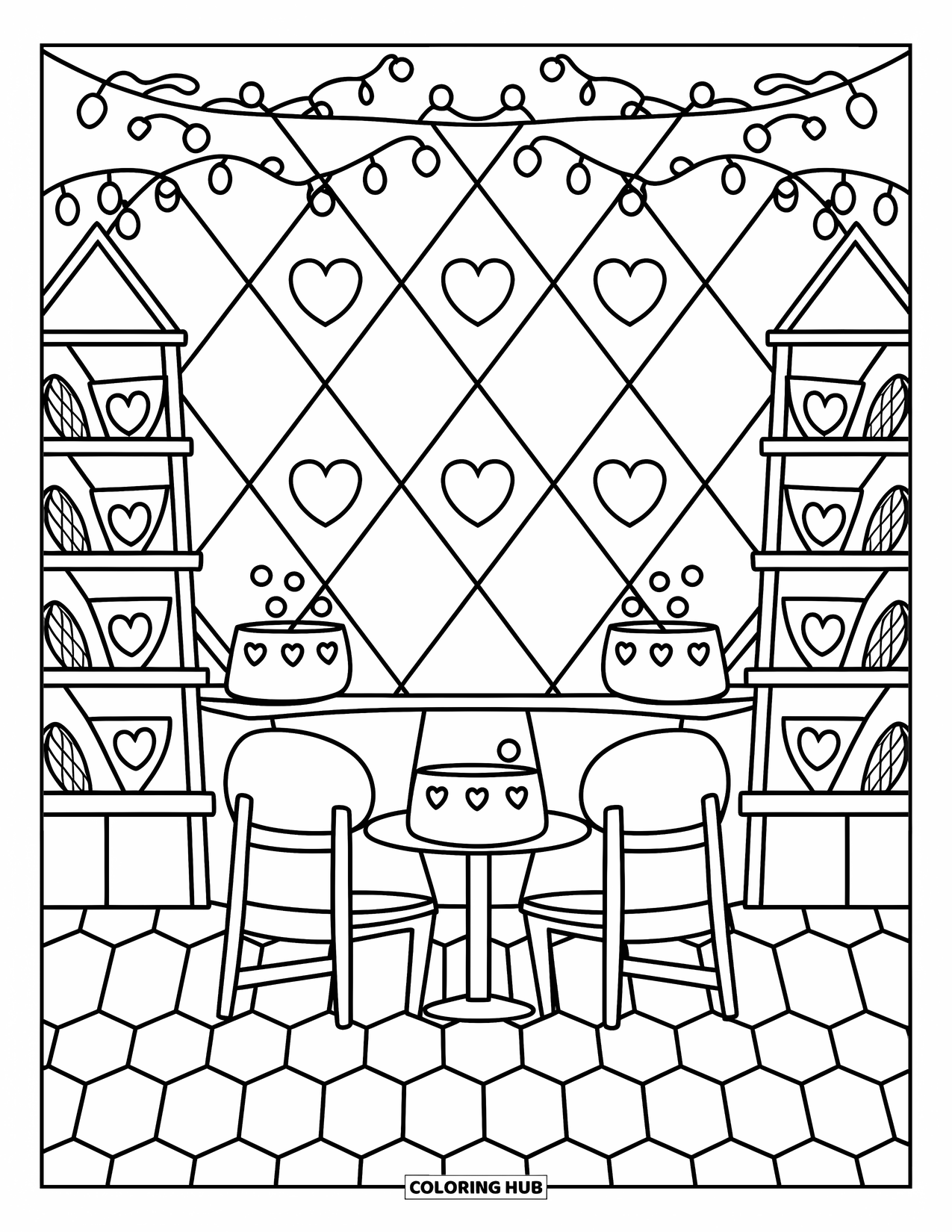 Geometric Coloring Page for Adults: Adorable coffee nook with heart-handled mugs, fairy lights, and geometric shelves