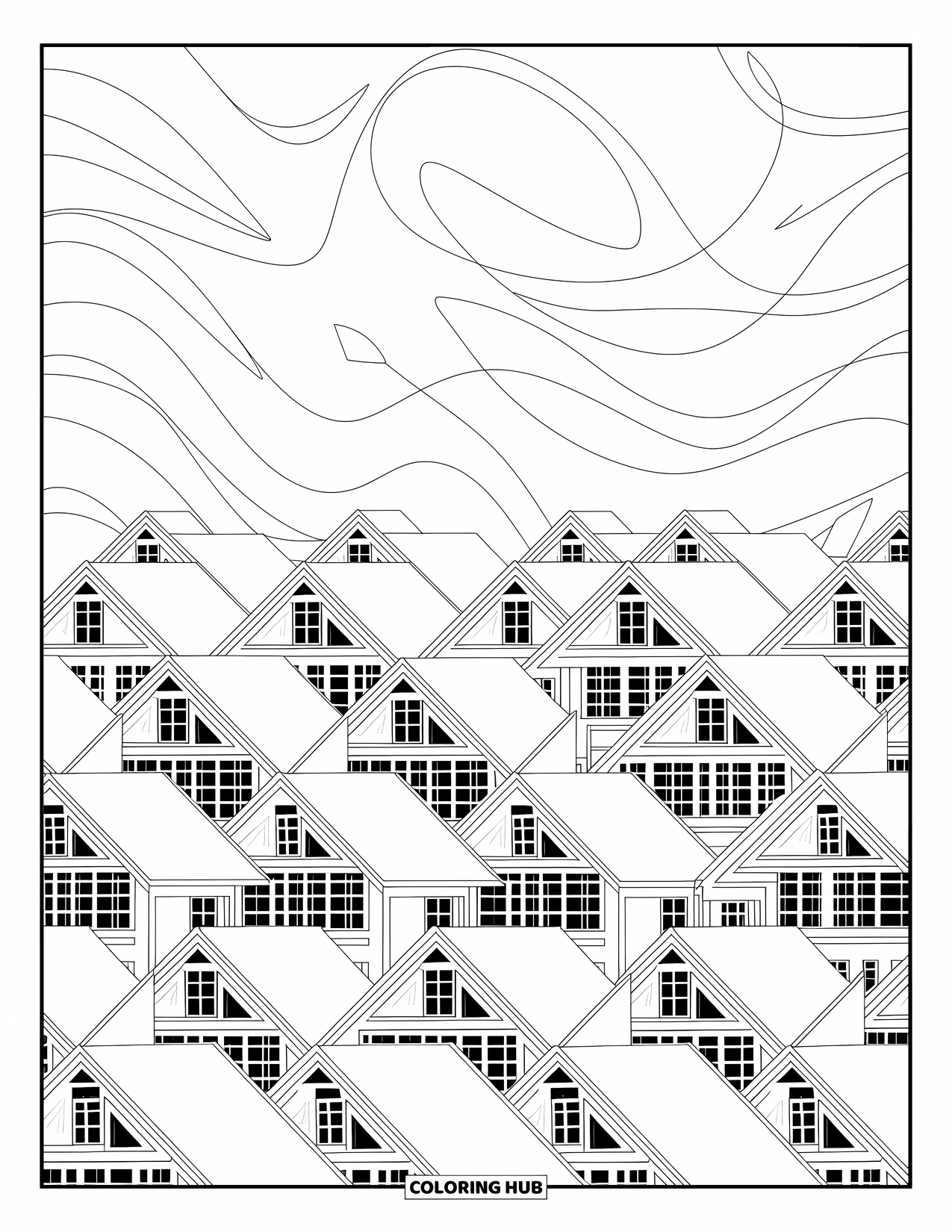 Geometric Coloring Page for Adults: Angular cityscape under the stars features rooftops, windows, and calming line patterns