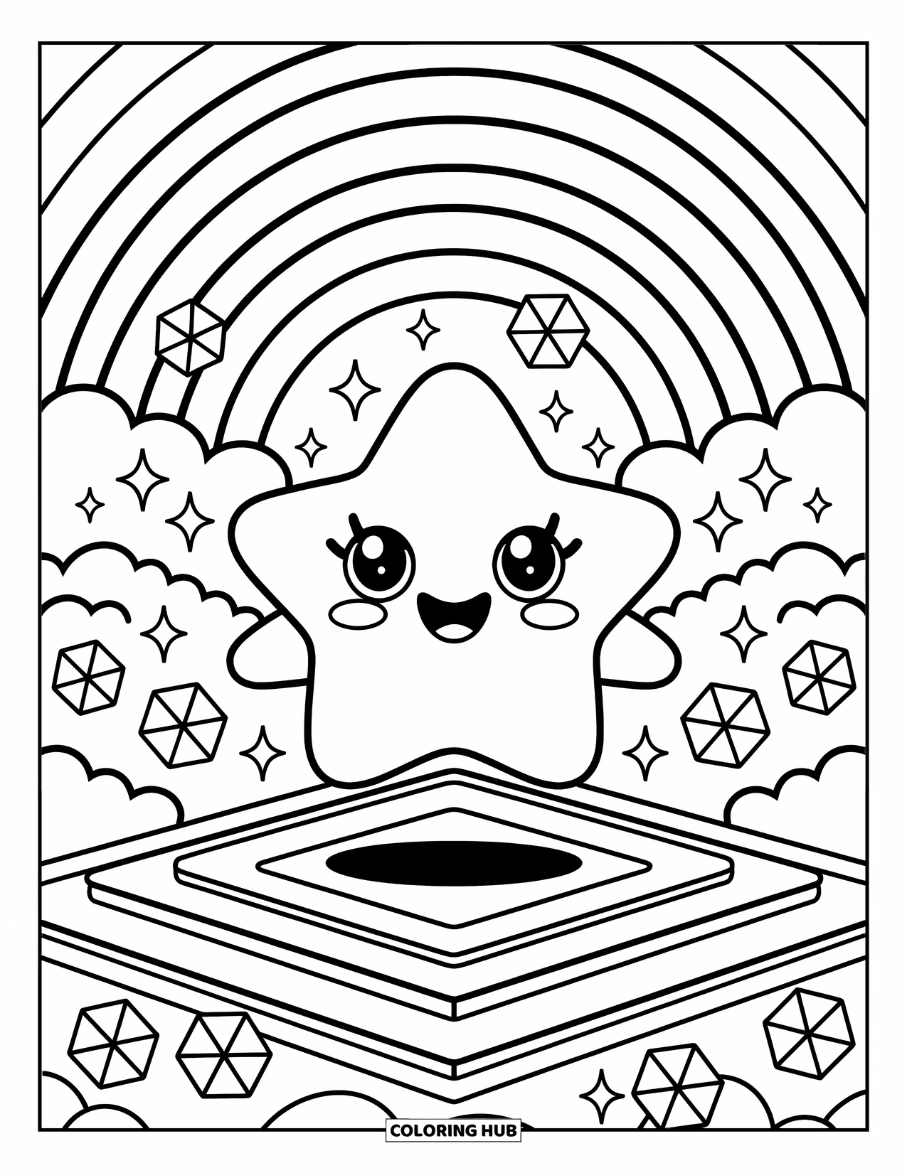 Geometric Coloring Page for Adults: Bouncy star creature plays on cloud layers with sparkles, rainbow arcs, and playful shapes