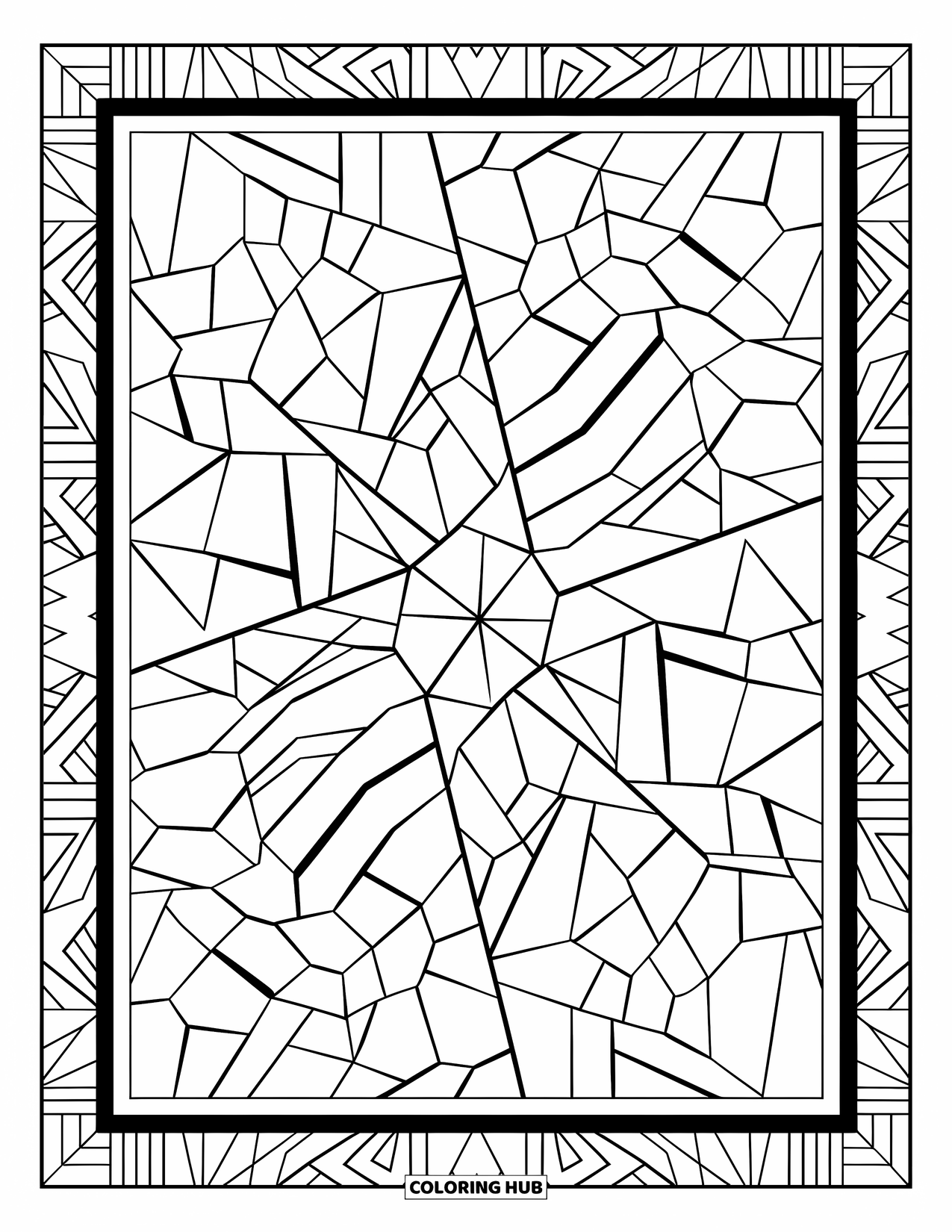 Geometric Coloring Page for Adults: Chaotic symmetry of floating shapes forms a calming and detailed composition
