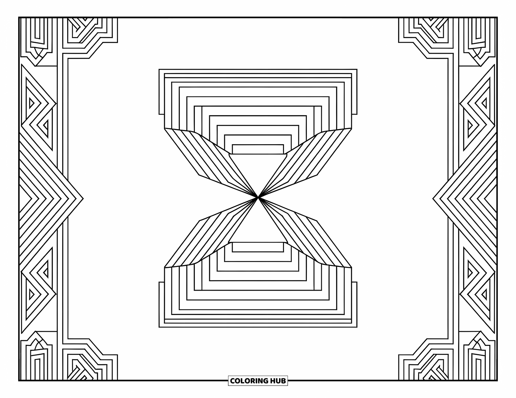 Geometric Coloring Page for Adults: Concentric hourglass and folds framed by decorative patterns create a calm, elegant scene