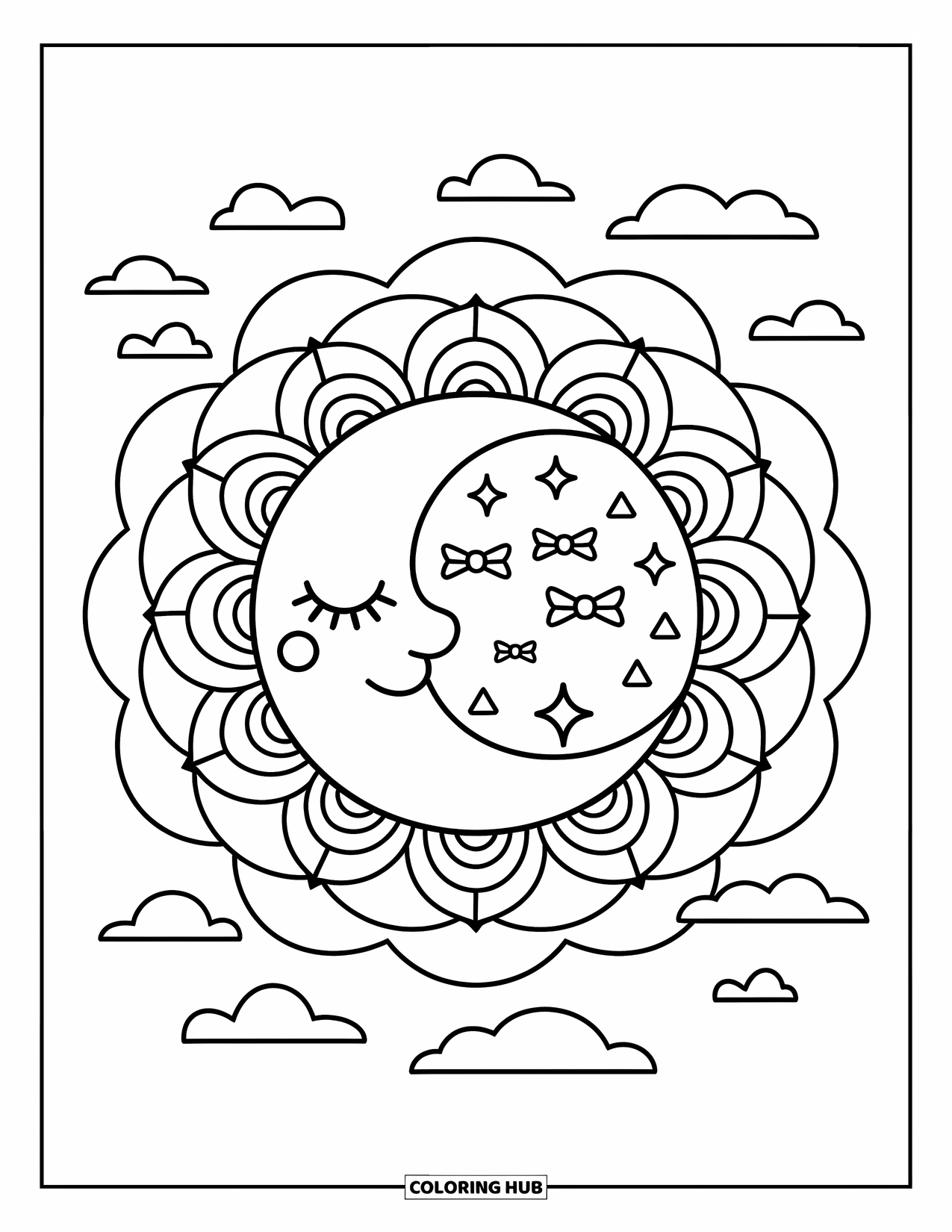 Geometric Coloring Page for Adults: Cozy moon surrounded by dreamy spirals, clouds, bows, and floating triangles
