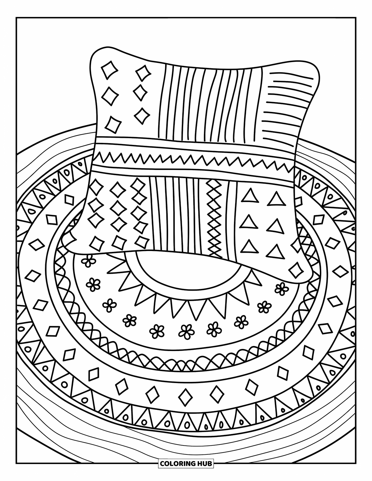 Geometric Coloring Page for Adults: Cozy pillow display with stars and zigzags rests on a mat filled with tiny accents