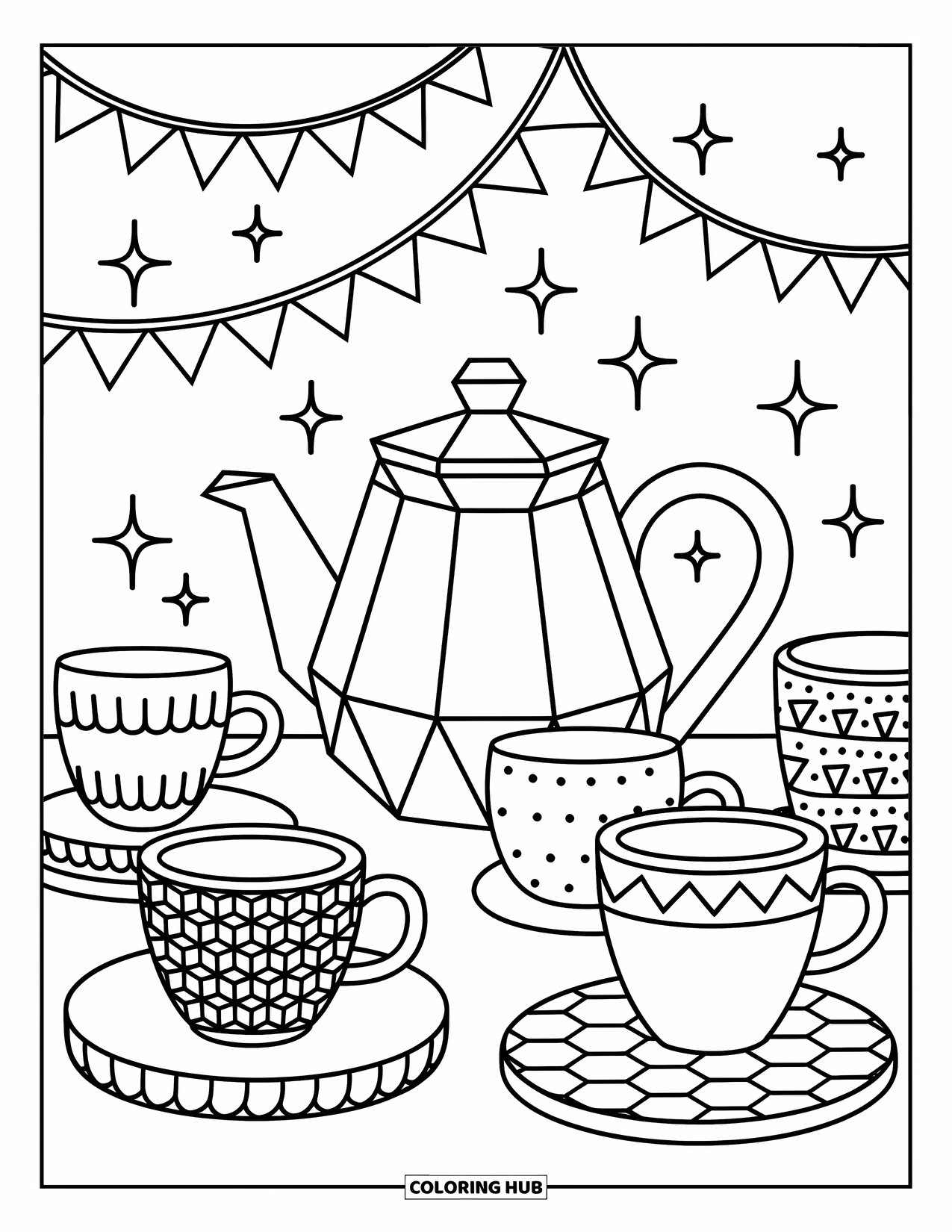 Geometric Coloring Page for Adults: Cozy teapot and mugs with cute patterns sit under sparkles and hanging garlands