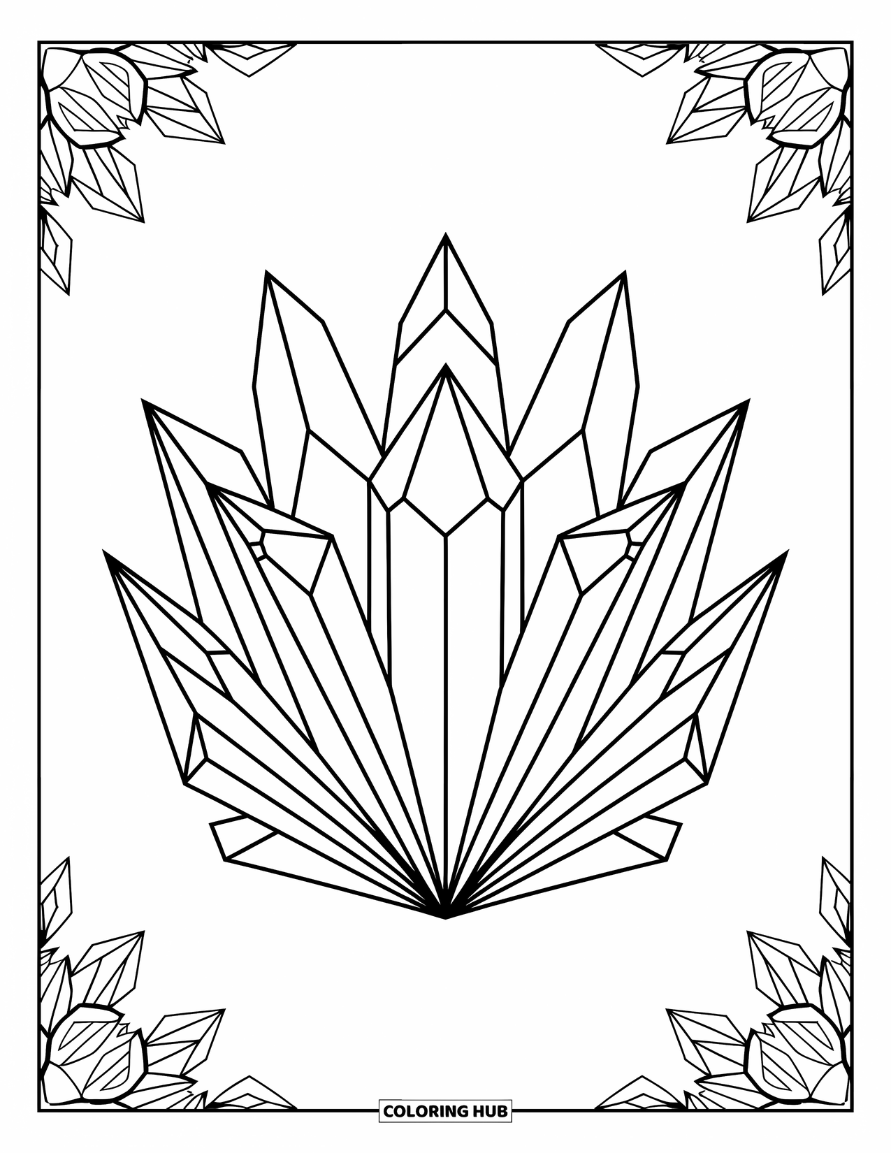 Geometric Coloring Page for Adults: Crystal bloom made of mirrored triangles and jagged cuts radiates with intricate detail