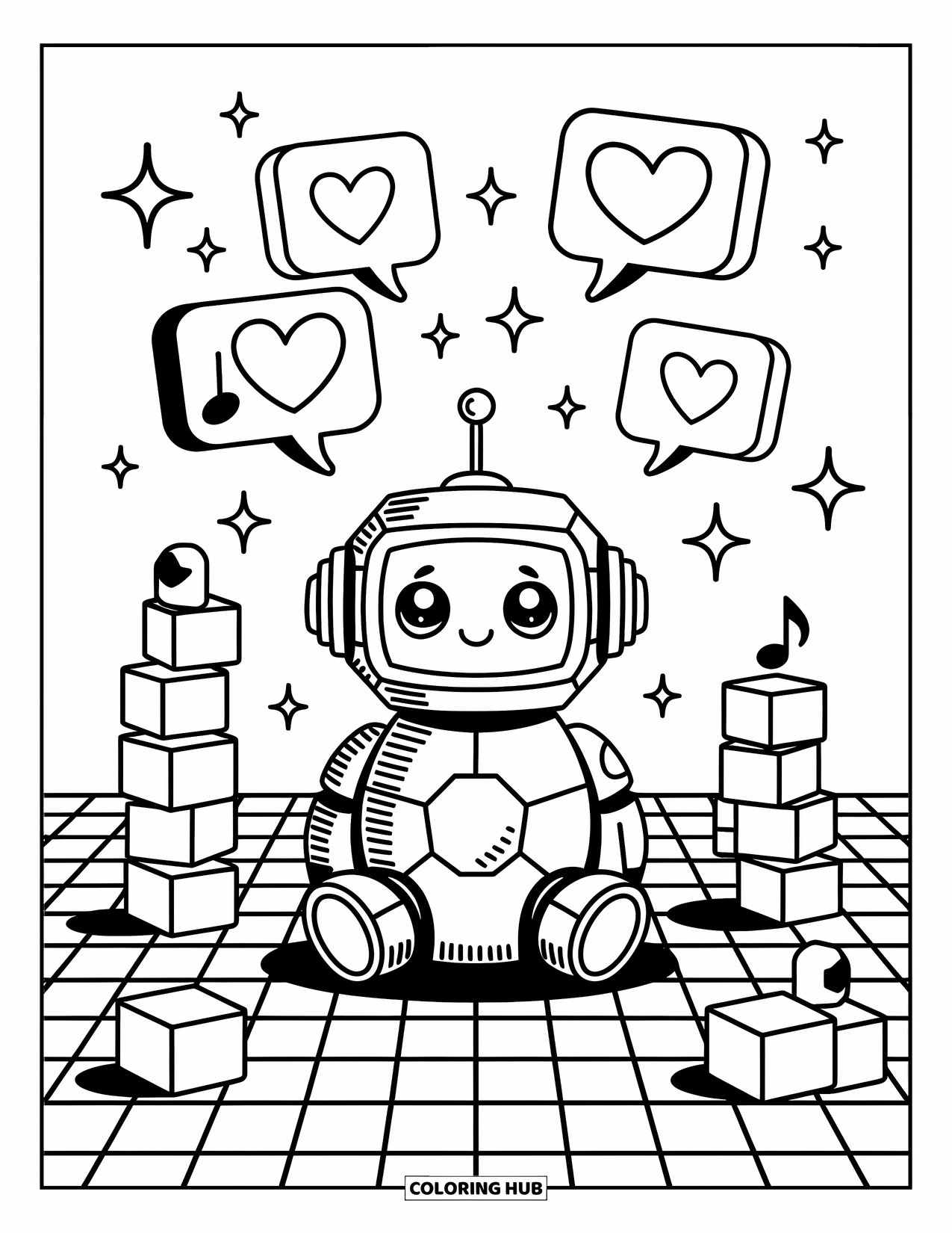 Geometric Coloring Page for Adults: Cute hexagon robot sits on a grid floor with sparkles, cubes, and heart-filled bubbles