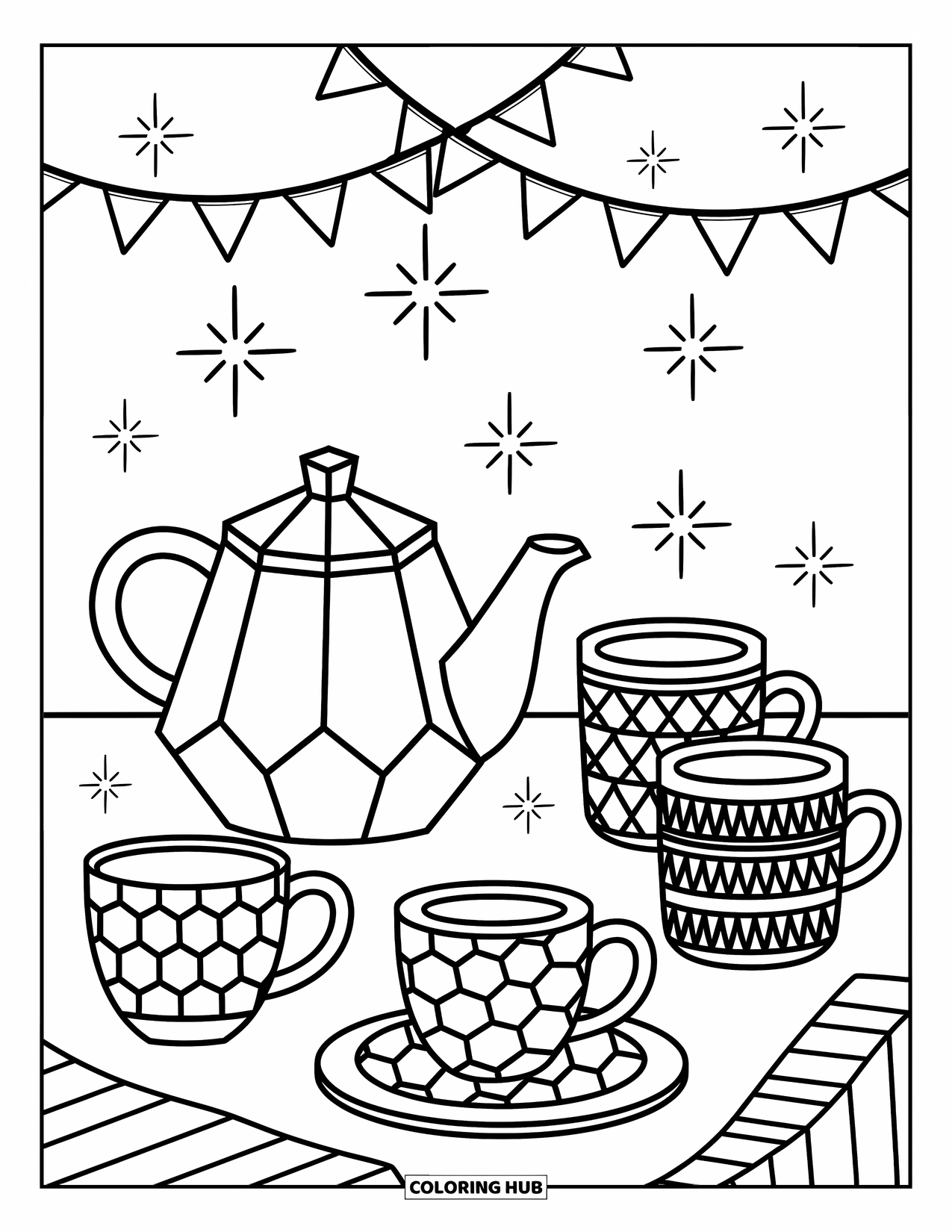 Geometric Coloring Page for Adults: Cute mugs and a teapot rest under whimsical garlands in a cheerful morning setup
