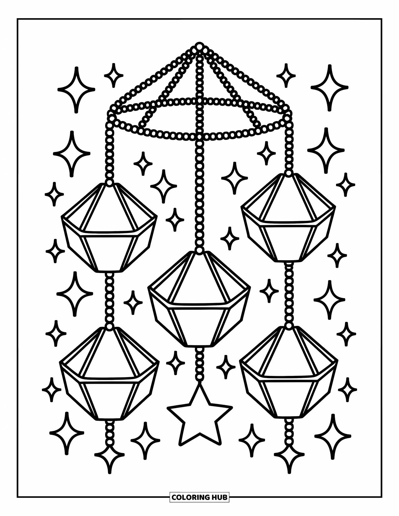 Geometric Coloring Page for Adults: Dangling lanterns and shapes glow softly with sparkles in a whimsical display