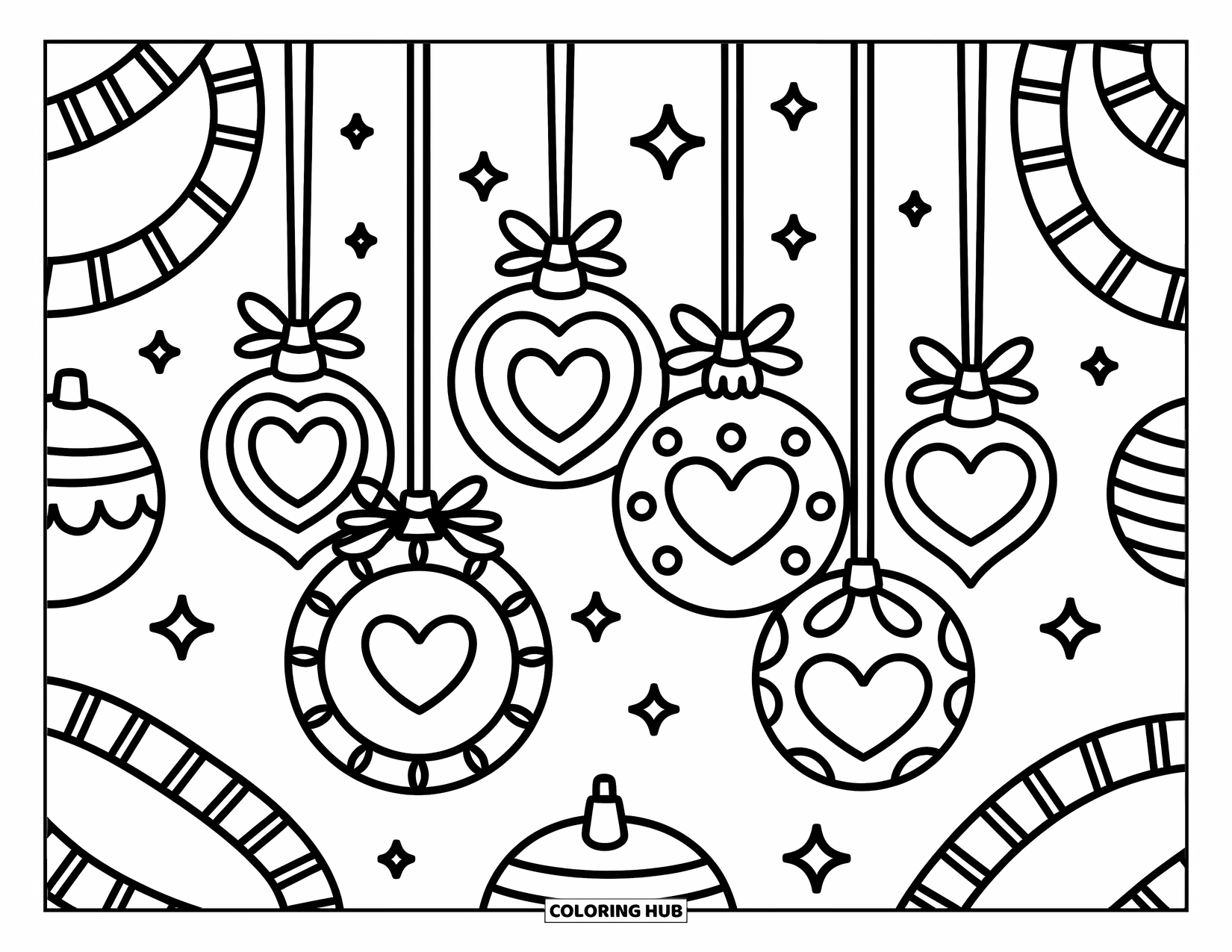 Geometric Coloring Page for Adults: Dangling ornaments and sparkles create a charming, cozy, and festive scene