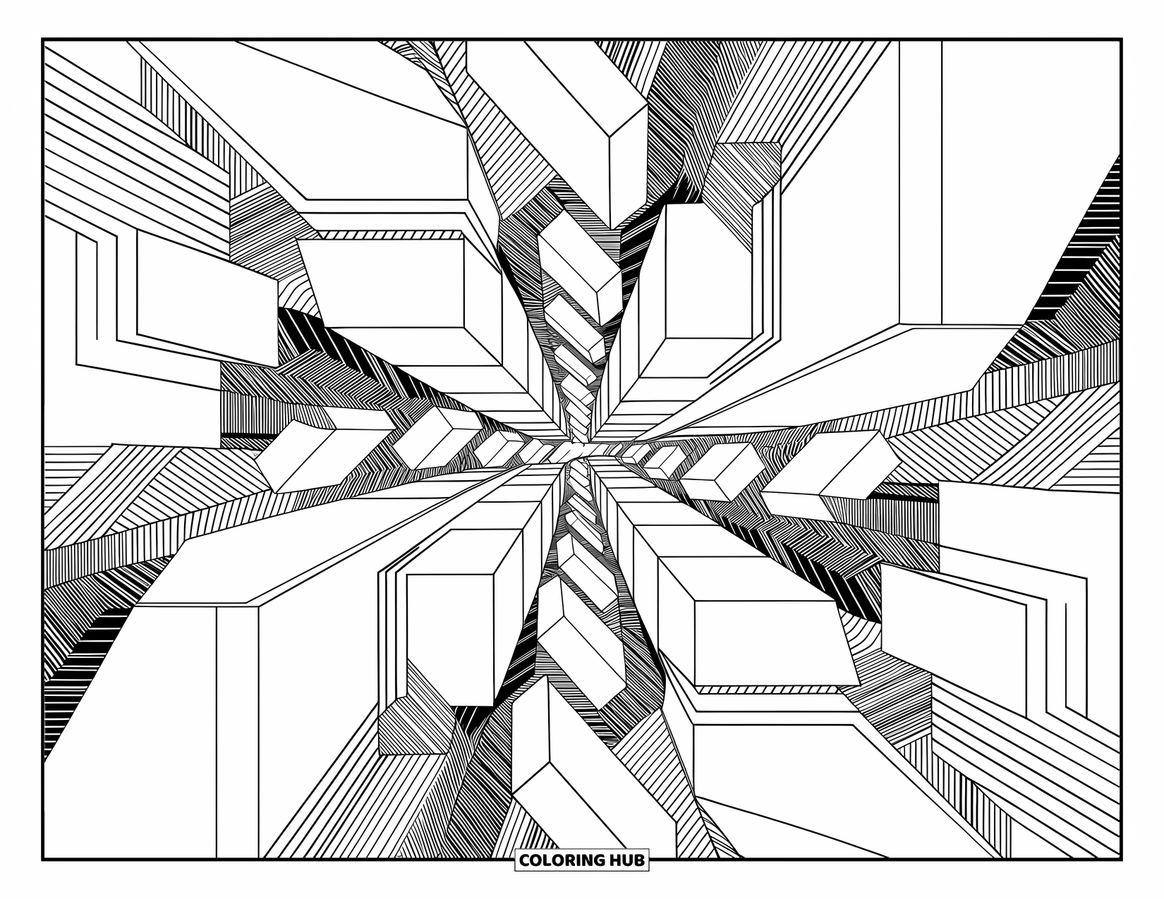 Geometric Coloring Page for Adults: Floating cubes swirl in a vortex of patterns and geometric planes in perspective
