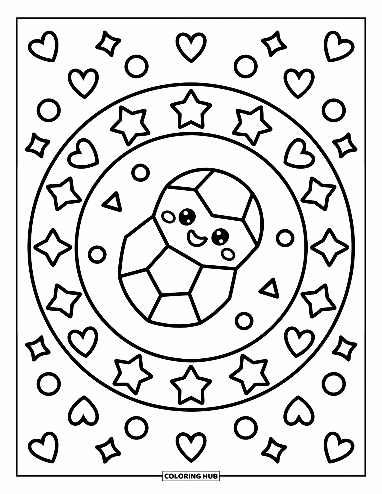 Geometric Coloring Page for Adults: Floating jellybean with a smile drifts through hearts, stars, and scattered confetti triangles