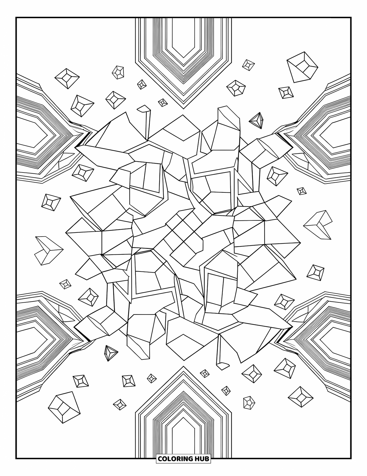 Geometric Coloring Page for Adults: Floating shapes swirl in a shattered yet balanced geometric design