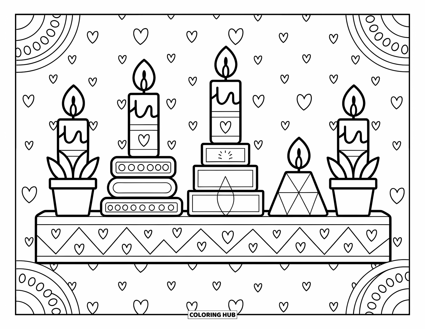Geometric Coloring Page for Adults: Floating shelf with candles and plants sits against a cozy, patterned wall
