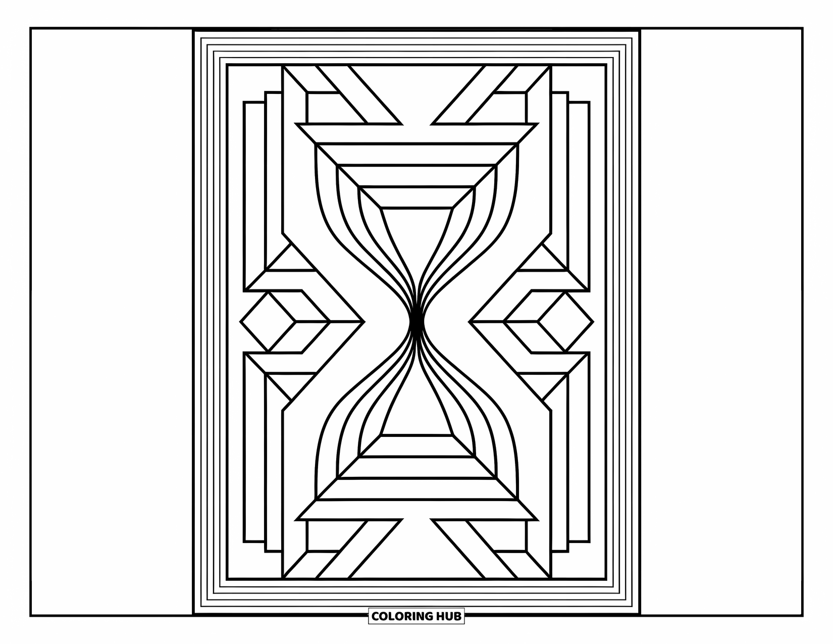 Geometric Coloring Page for Adults: Geometric hourglass with detailed patterns and borders offers a relaxing artistic layout