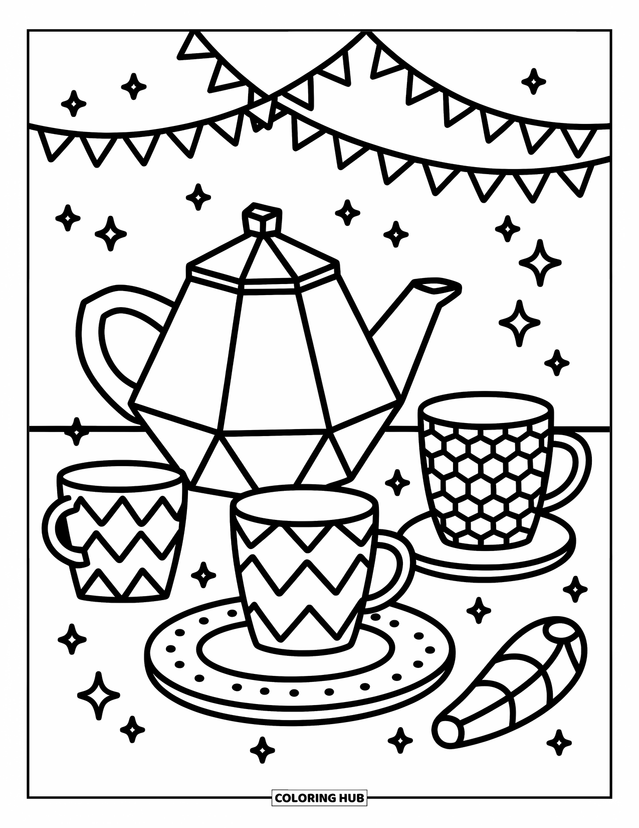 Geometric Coloring Page for Adults: Geometric teapot and patterned mugs bring charm to a cozy and playful table scene