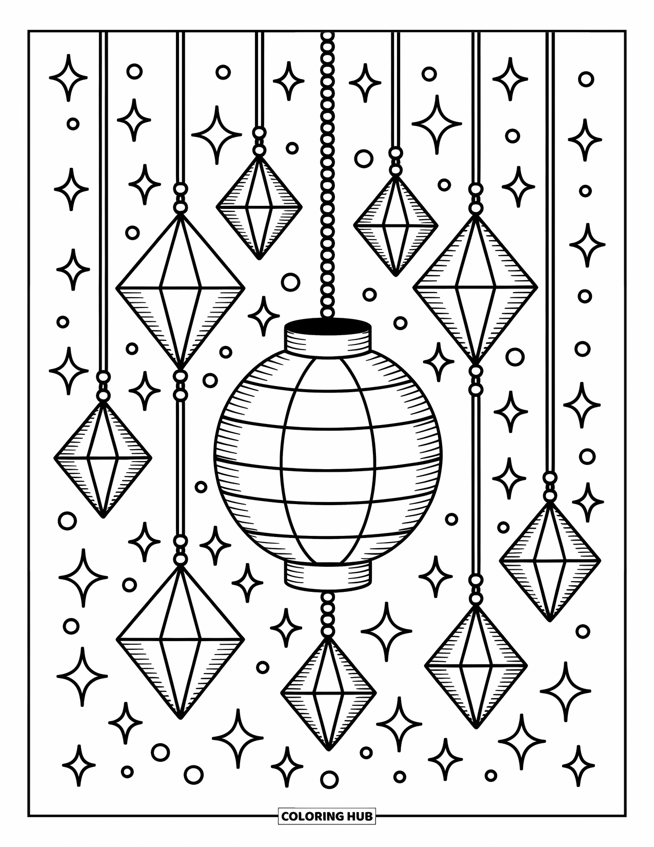 Geometric Coloring Page for Adults: Hanging lanterns with stars and triangles glow softly in a dreamy, cozy scene