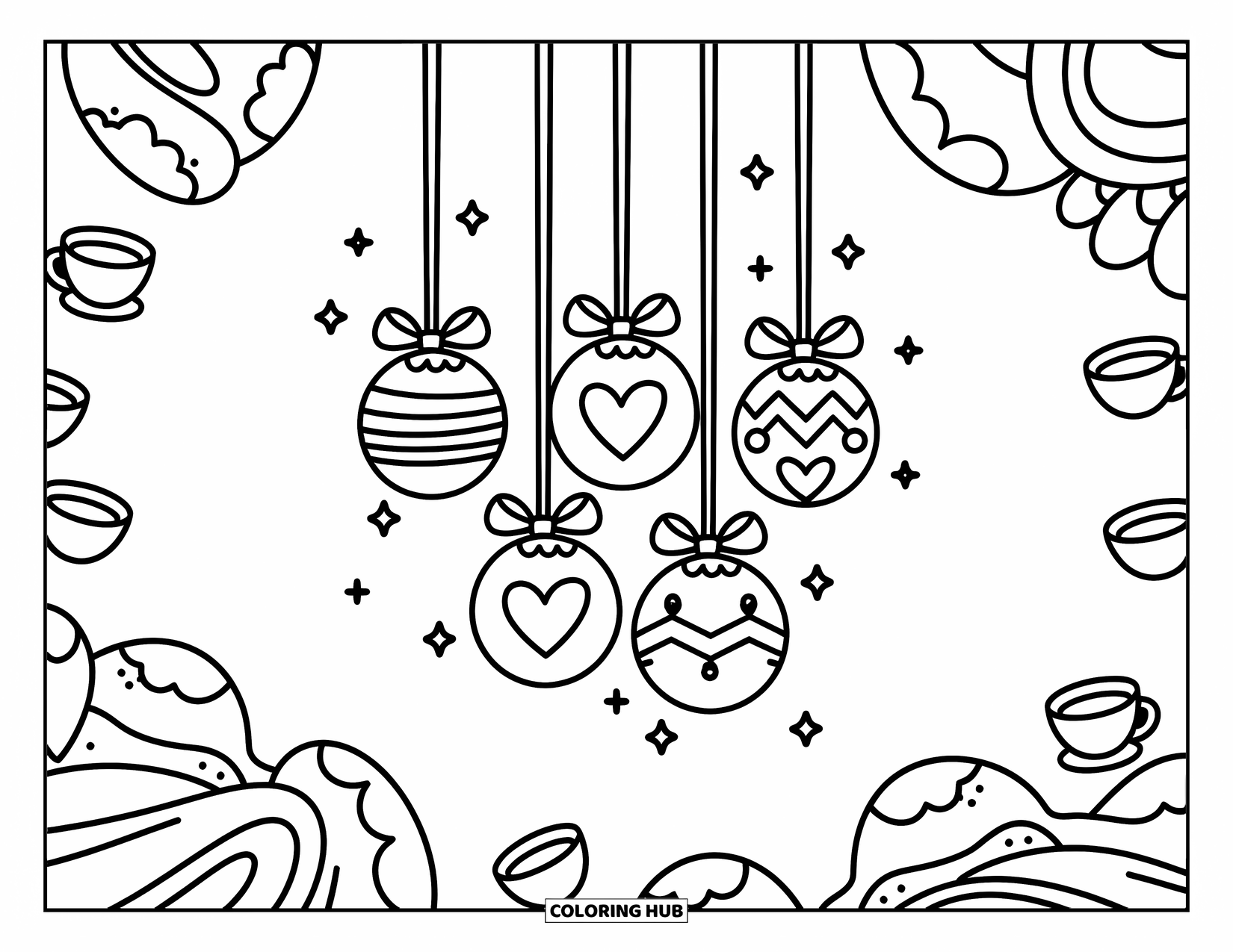 Geometric Coloring Page for Adults: Hanging ornaments and sparkles create a cozy scene with hearts, circles, and hexagons