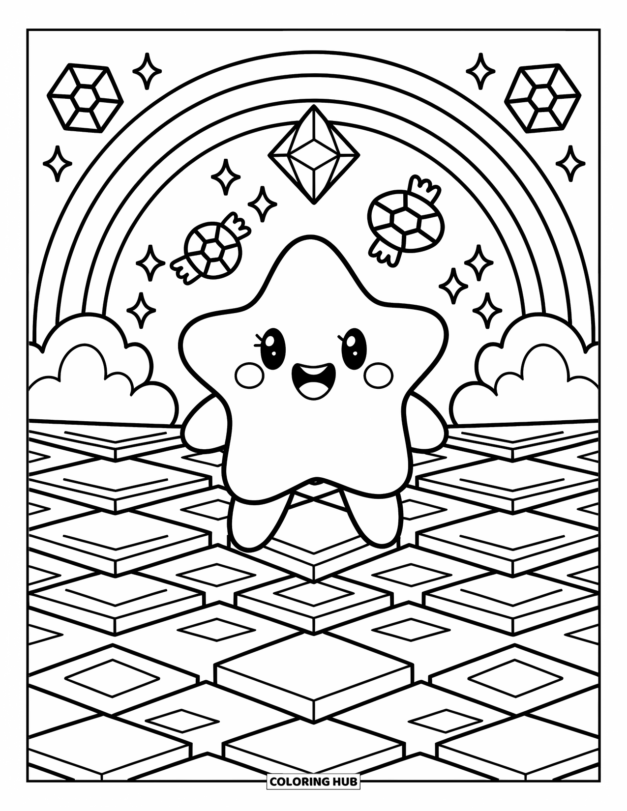 Geometric Coloring Page for Adults: Happy star bounces through clouds with sparkles, flying candies, and rainbow loops