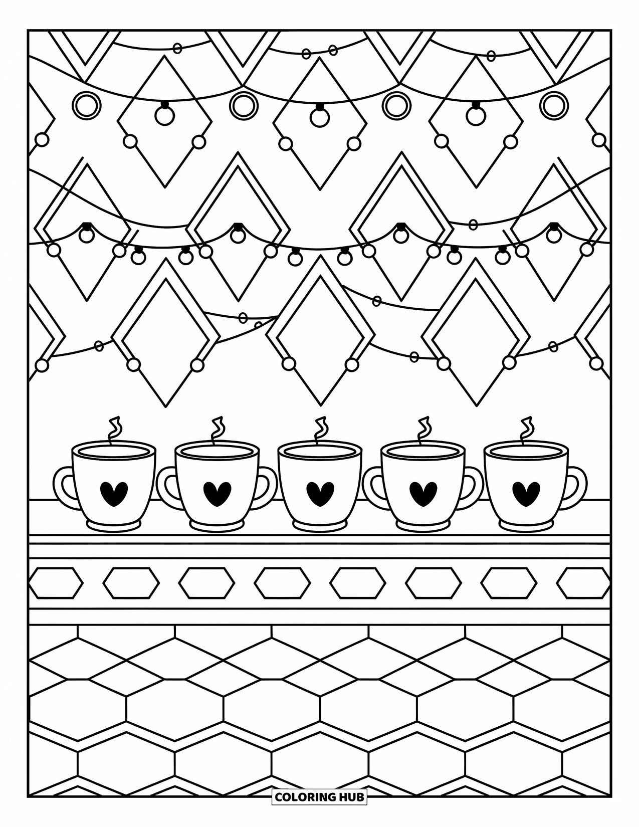 Geometric Coloring Page for Adults: Heart-handled mugs and fairy lights brighten up this adorable little coffee nook
