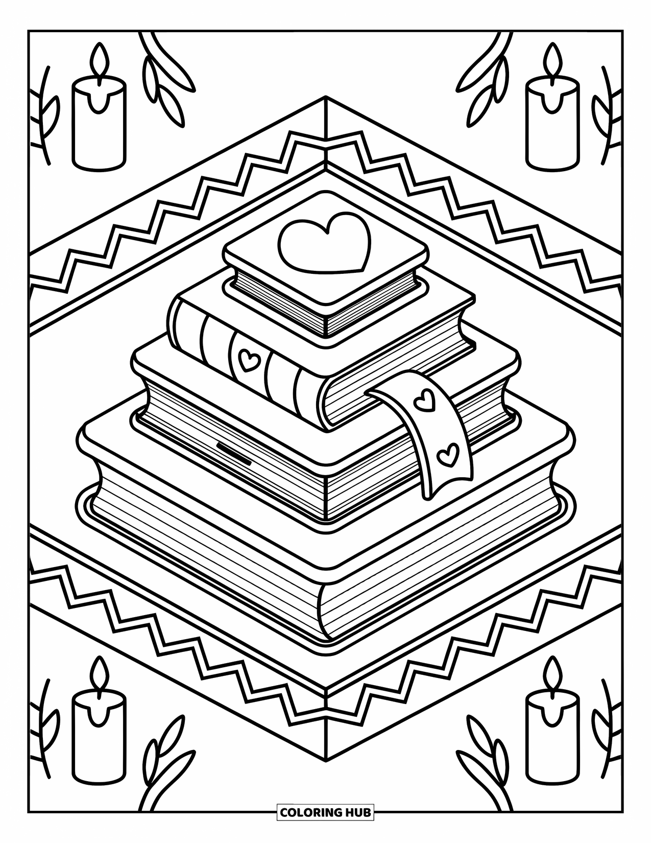 Geometric Coloring Page for Adults: Heart-marked books and soft candlelight rest on a cozy, triangle-patterned rug