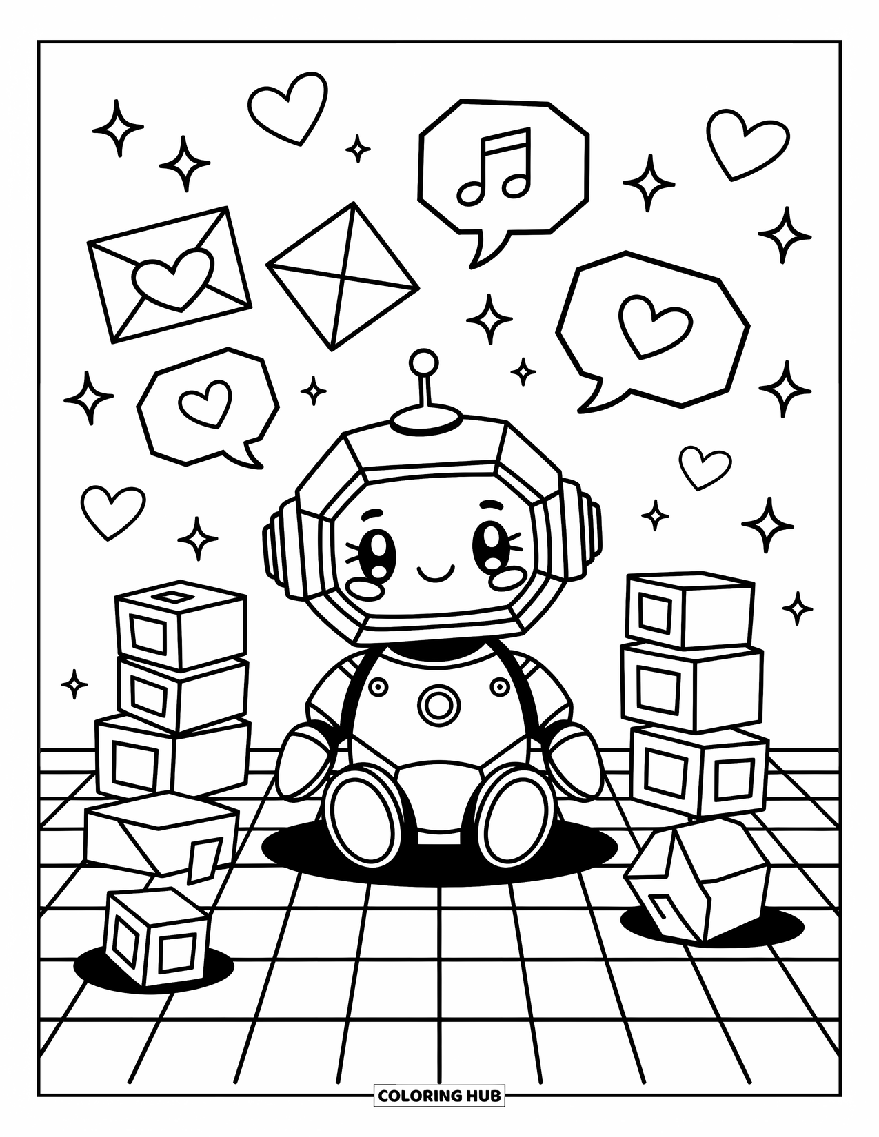 Geometric Coloring Page for Adults: Hexagon robot relaxes among cubes, sparkles, and music-note speech bubbles