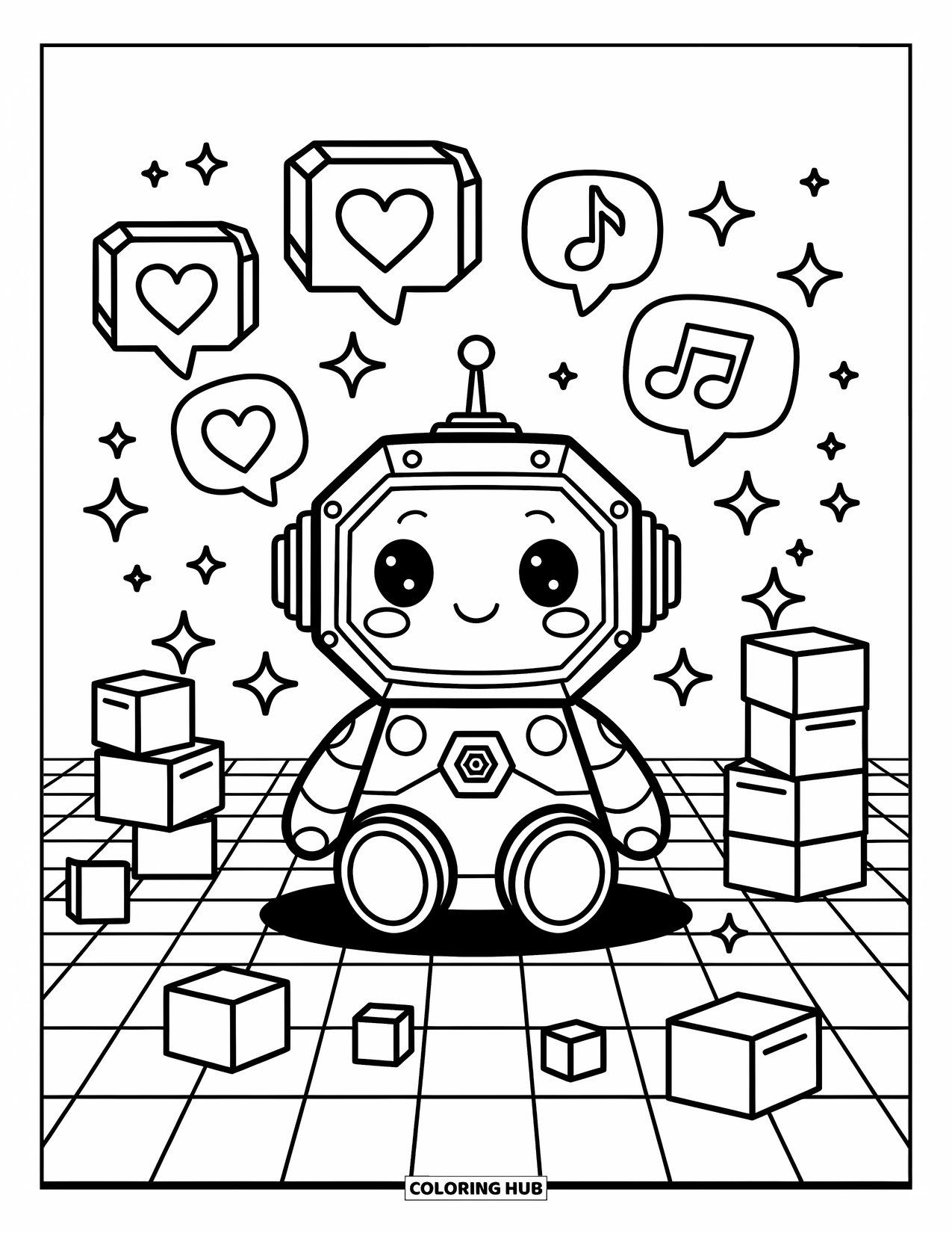 Geometric Coloring Page for Adults: Hexagon robot sits on a grid floor with sparkles, cubes, and bubbly heart notes