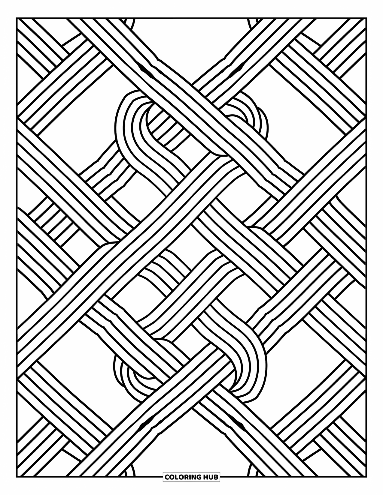 Geometric Coloring Page for Adults: Intertwined ribbons and knots create a calming and elegant visual maze