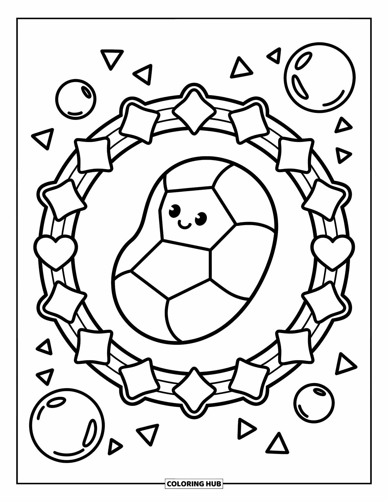 Geometric Coloring Page for Adults: Jellybean character floats happily in a swirl of stars, hearts, and playful bubbles