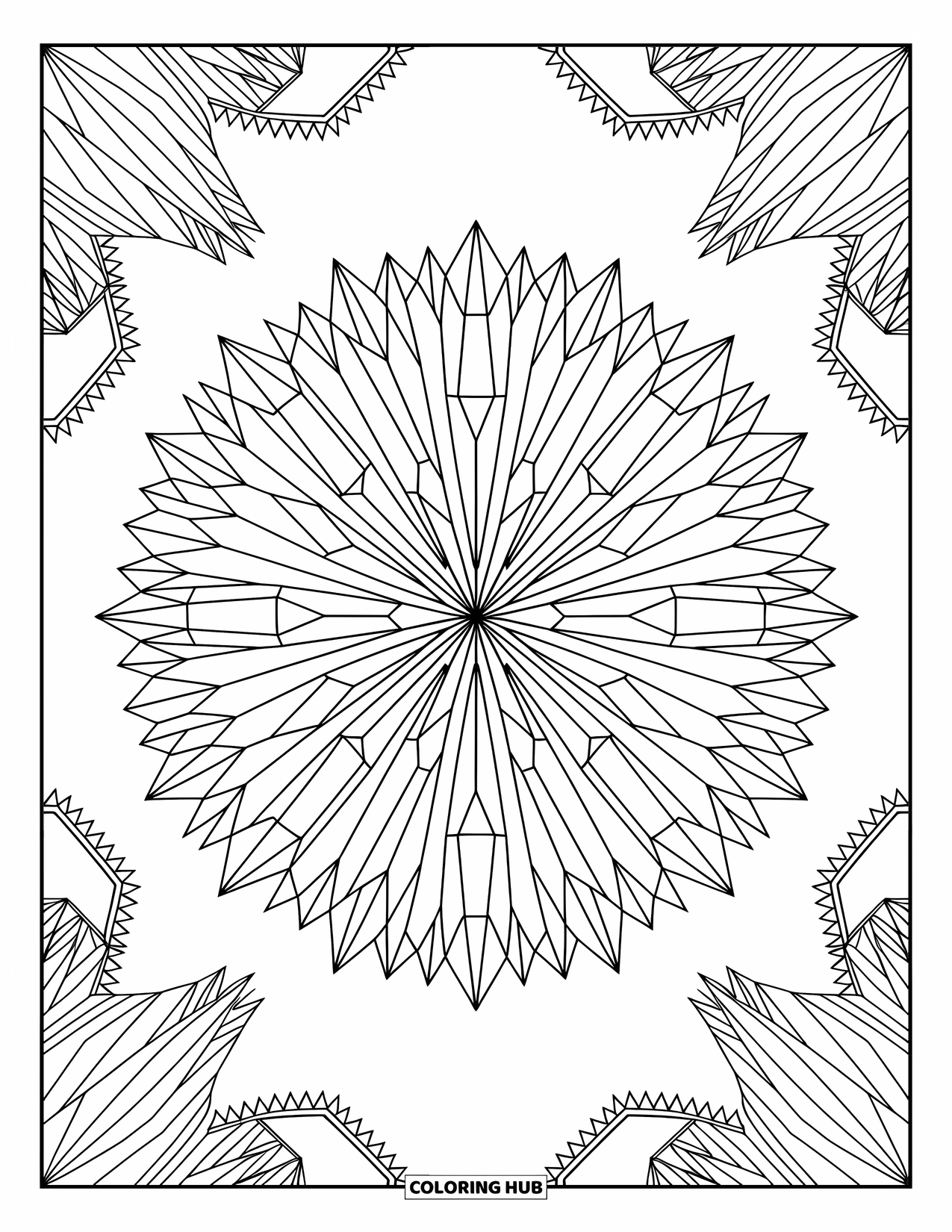 Geometric Coloring Page for Adults: Layered crystal bloom of triangles and cuts forms a delicate and elegant design