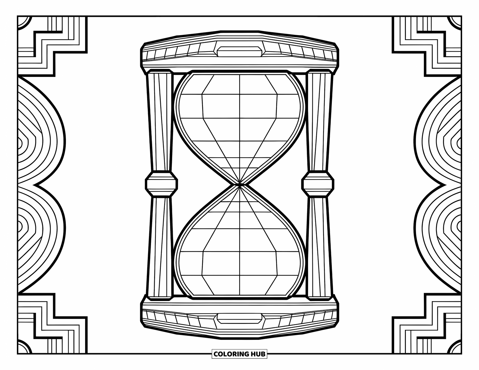 Geometric Coloring Page for Adults: Layered hourglass design with rectangles and folds surrounded by intricate artistic patterns