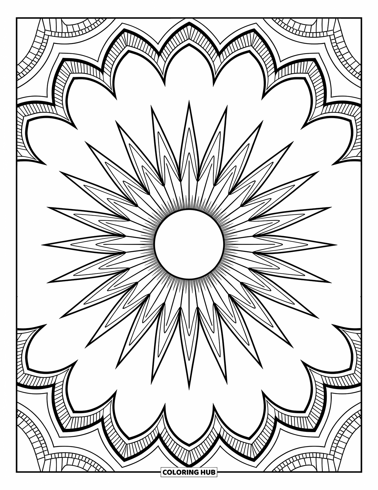 Geometric Coloring Page for Adults: Mesmerizing sunburst pattern blends strong shapes with elegant decorative elements
