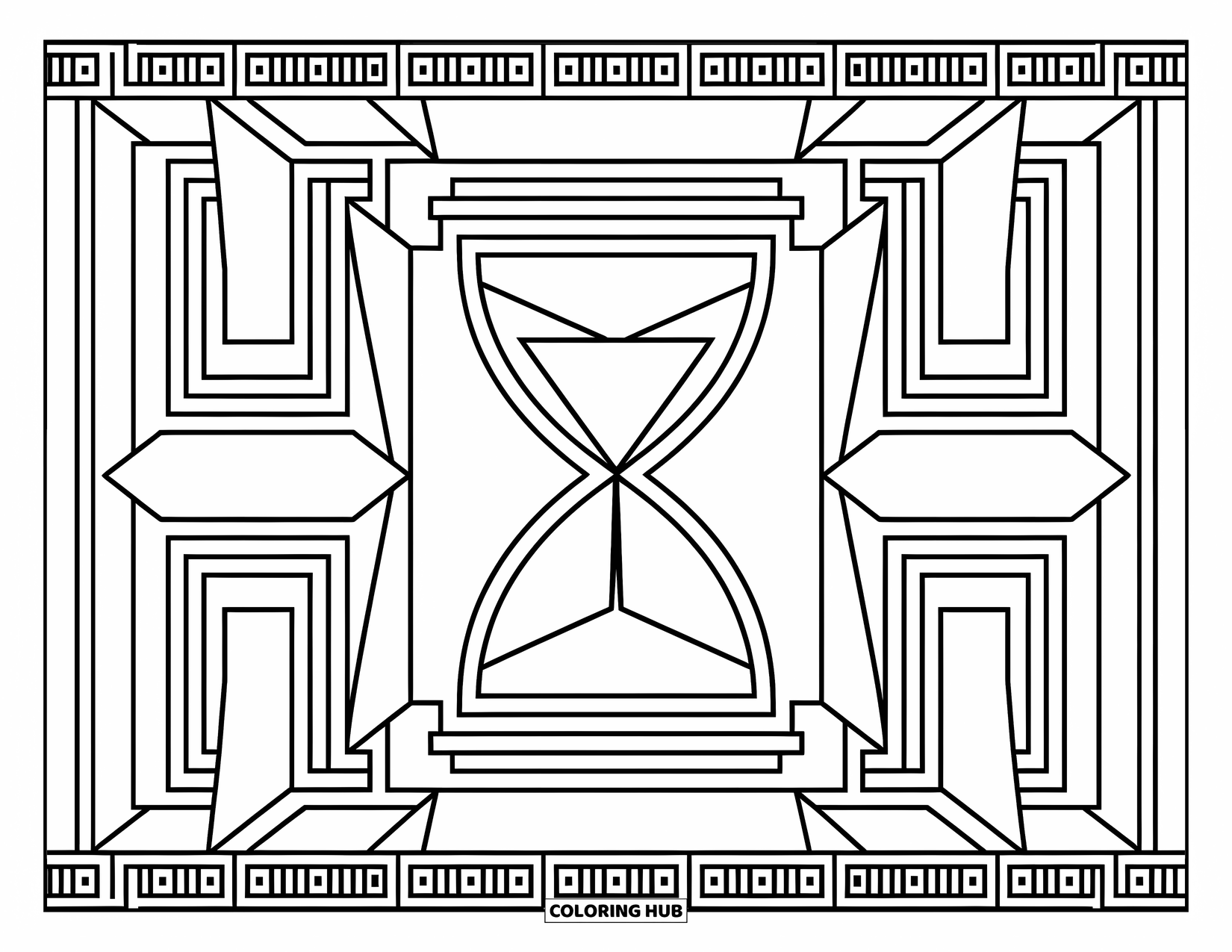 Geometric Coloring Page for Adults: Mirrored hourglass made of folded shapes stands among elegant patterns and detailed borders