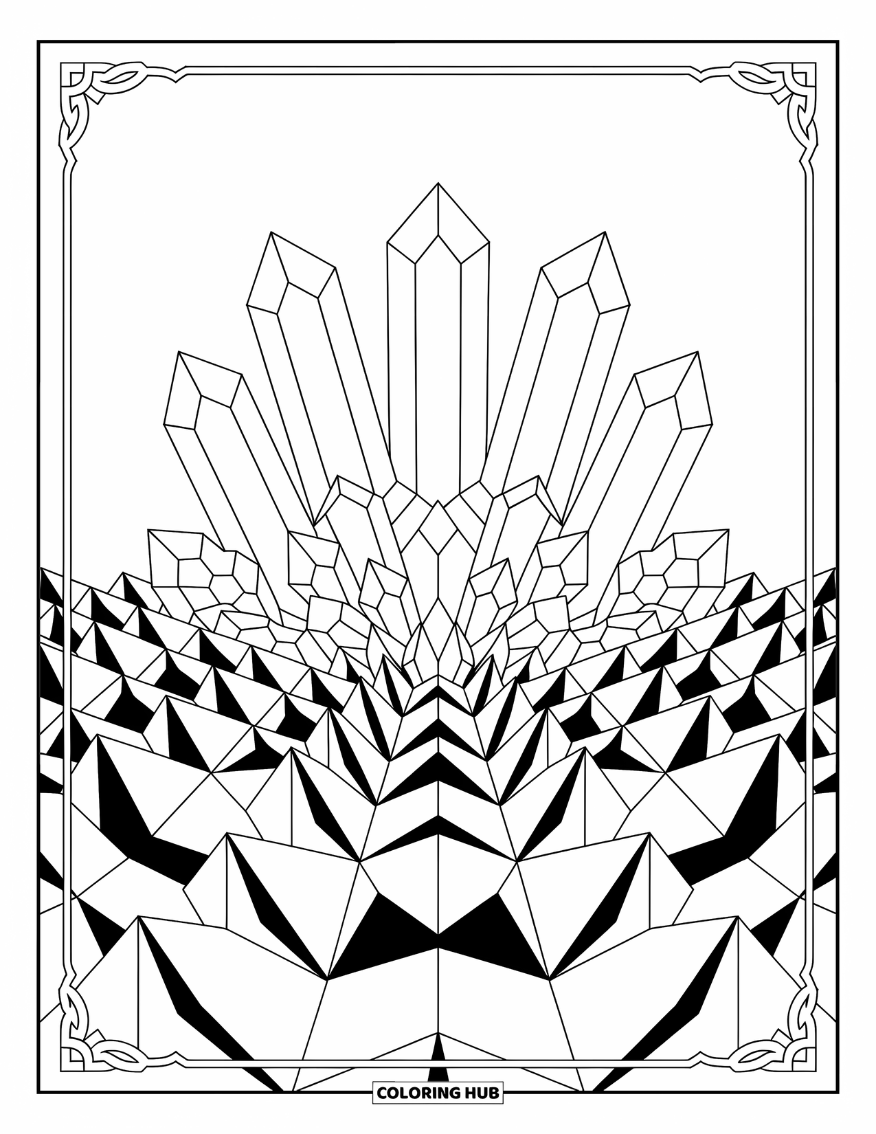Geometric Coloring Page for Adults: Mirrored triangles and jagged cuts shape a blooming pattern full of detailed charm