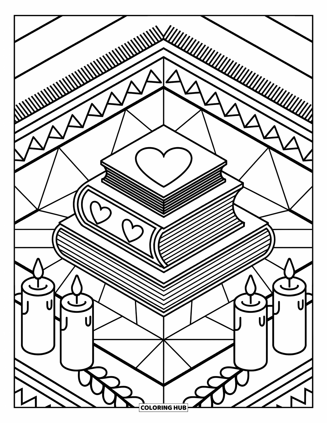 Geometric Coloring Page for Adults: Patterned books and candles create a peaceful and heartwarming reading nook