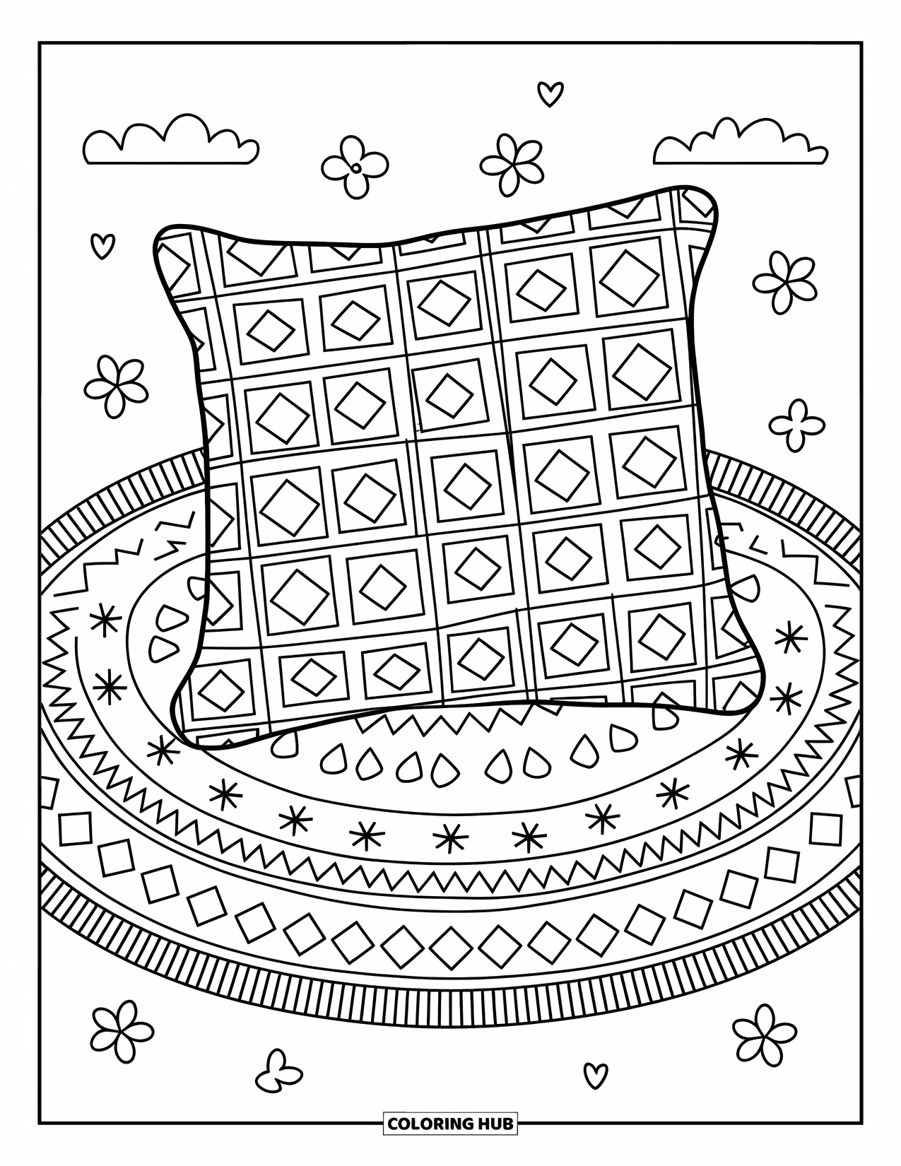 Geometric Coloring Page for Adults: Pillows with playful patterns sit atop a cozy round mat with tiny decorative details
