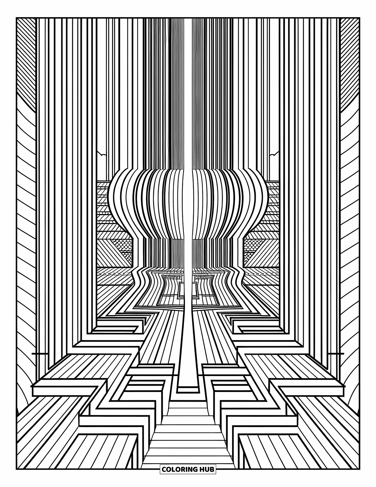 Geometric Coloring Page for Adults: Rectangles and waves cascade in a waterfall illusion surrounded by rich decorative elements