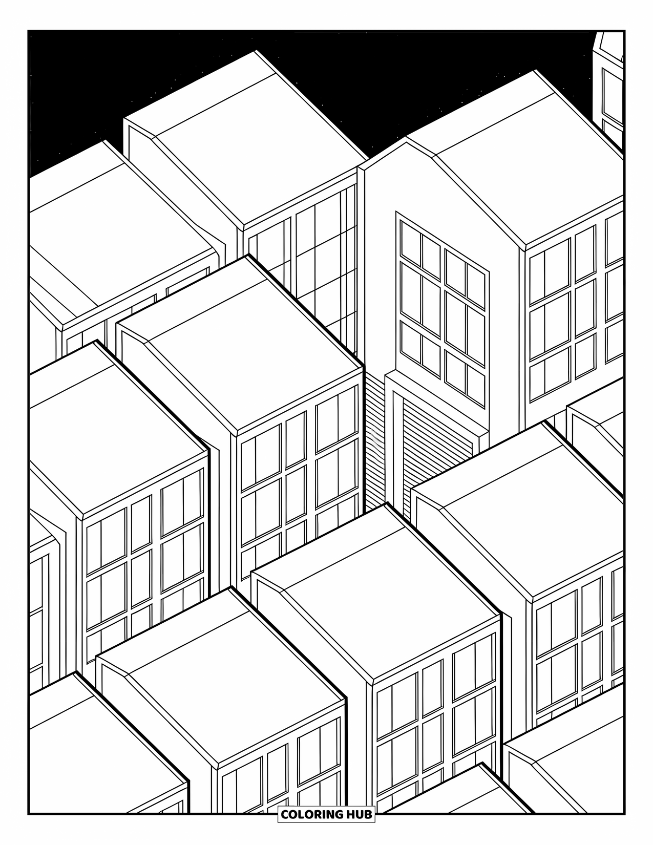 Geometric Coloring Page for Adults: Repeating rooftops and windows build a peaceful city scene under a starry sky