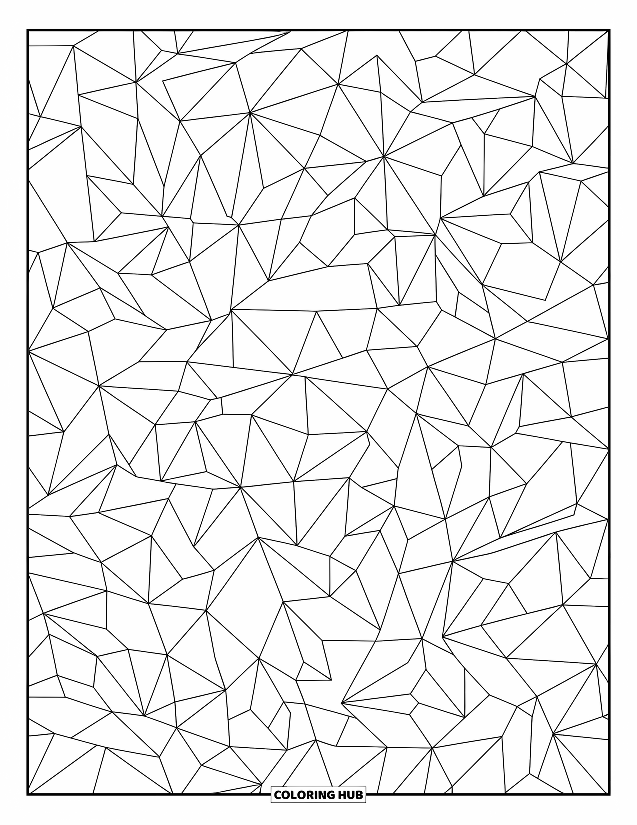 Geometric Coloring Page for Adults: Scattered geometric shapes form a harmonious layout with intricate background patterns