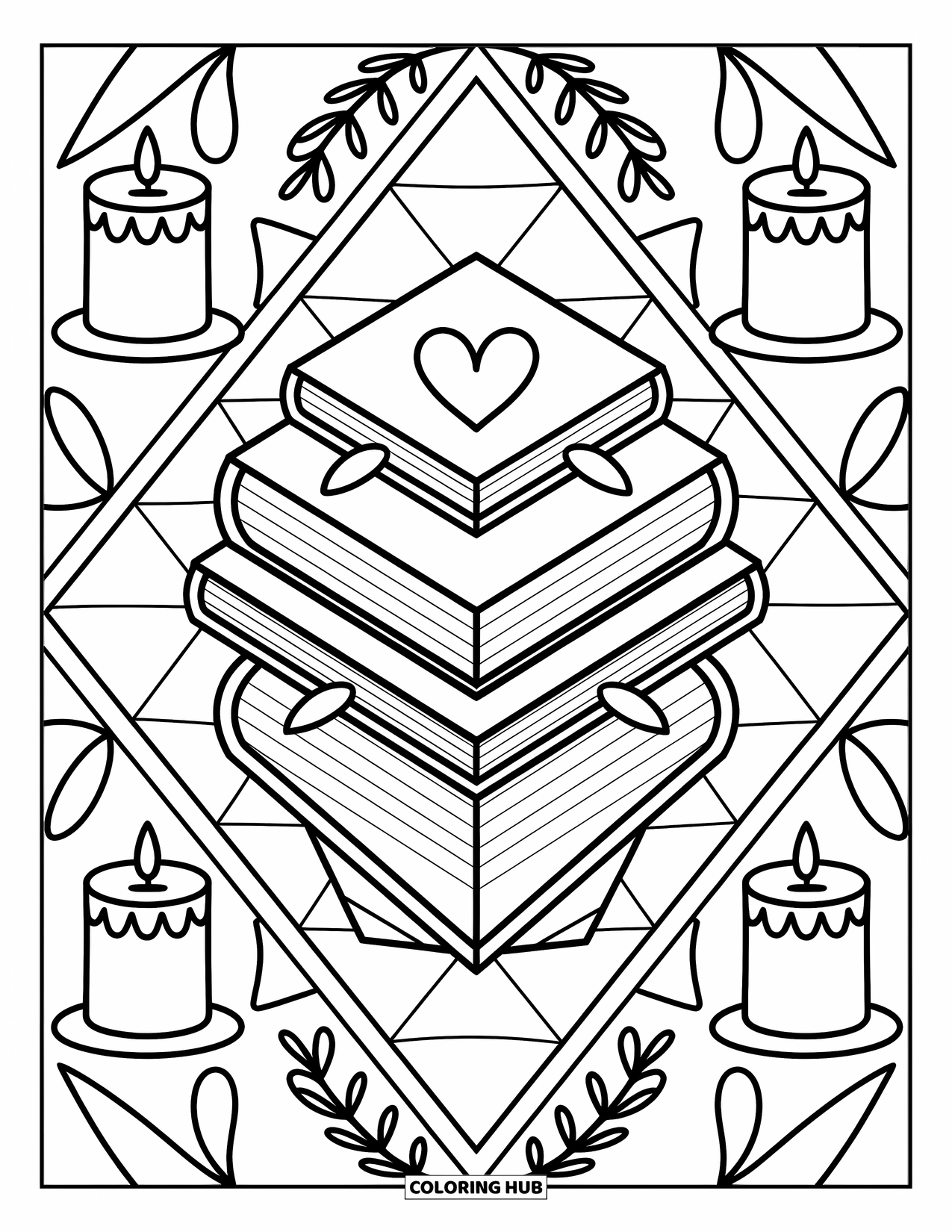 Geometric Coloring Page for Adults: Stacked books with heart bookmarks and candles sit on a patterned rug with leafy accents