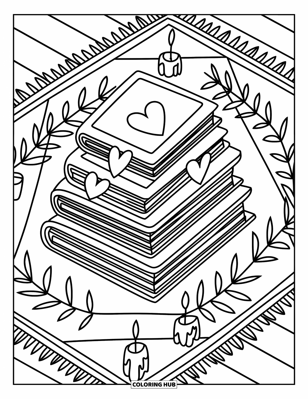 Geometric Coloring Page for Adults: Stacked books with heart bookmarks sit on a patterned rug with cozy candlelight