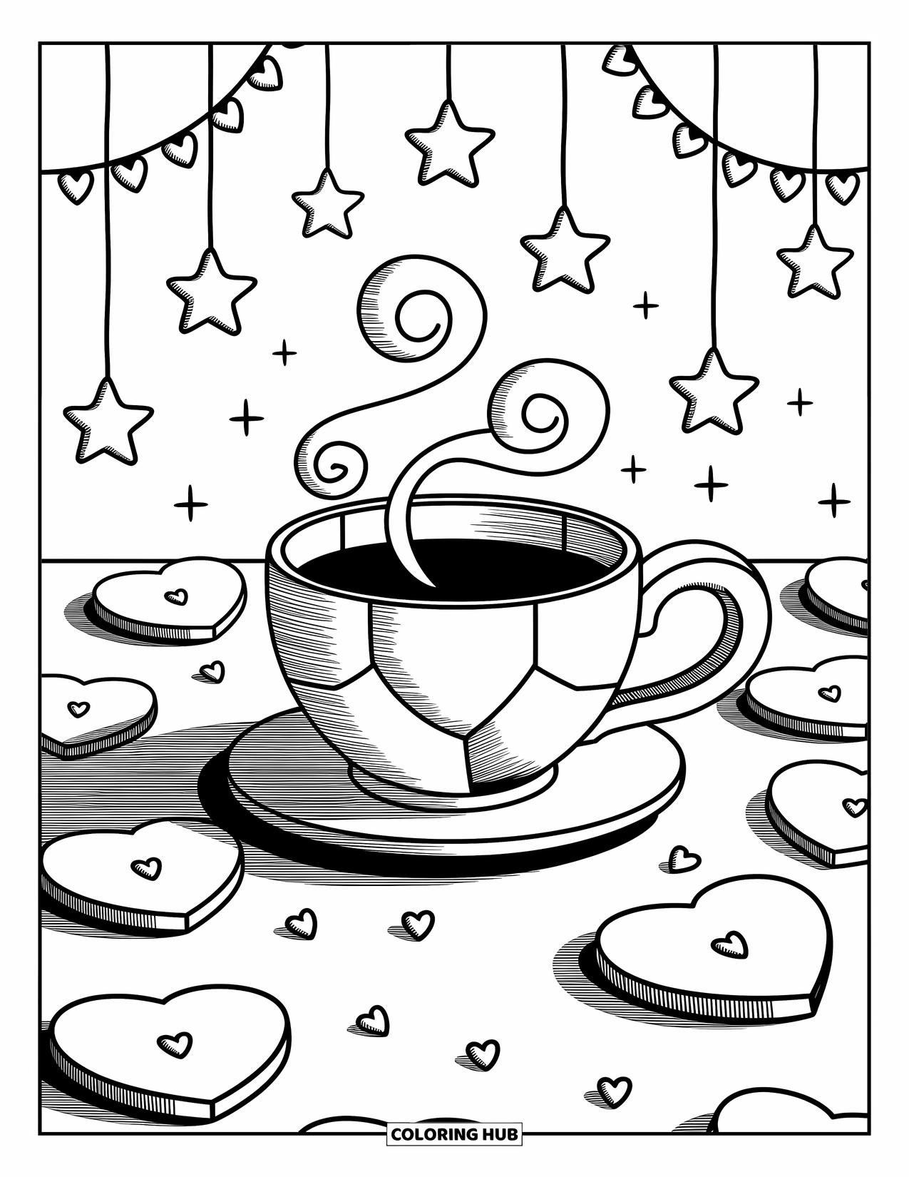 Geometric Coloring Page for Adults: Steam swirls and stars surround a teacup made of soft shapes and sweet details