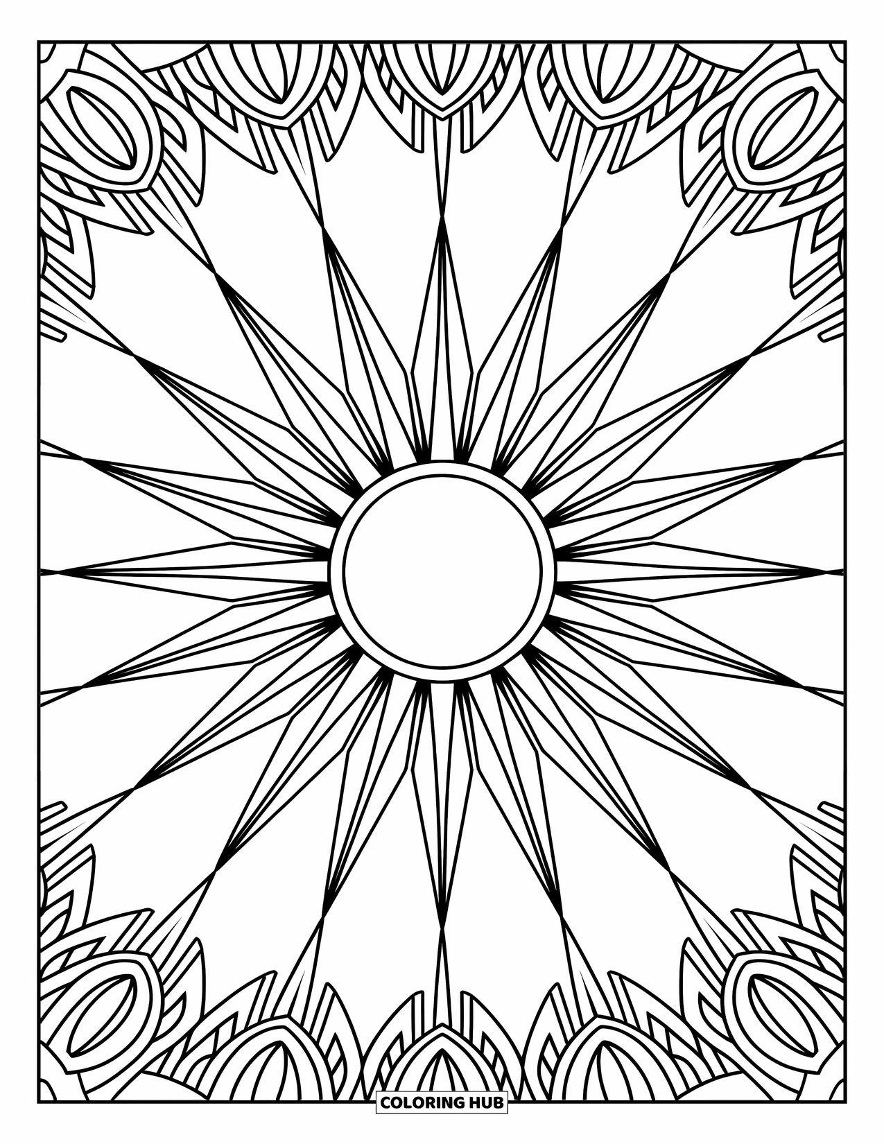 Geometric Coloring Page for Adults: Sunburst with spikes, arches, and rays stretches across a detailed, elegant layout