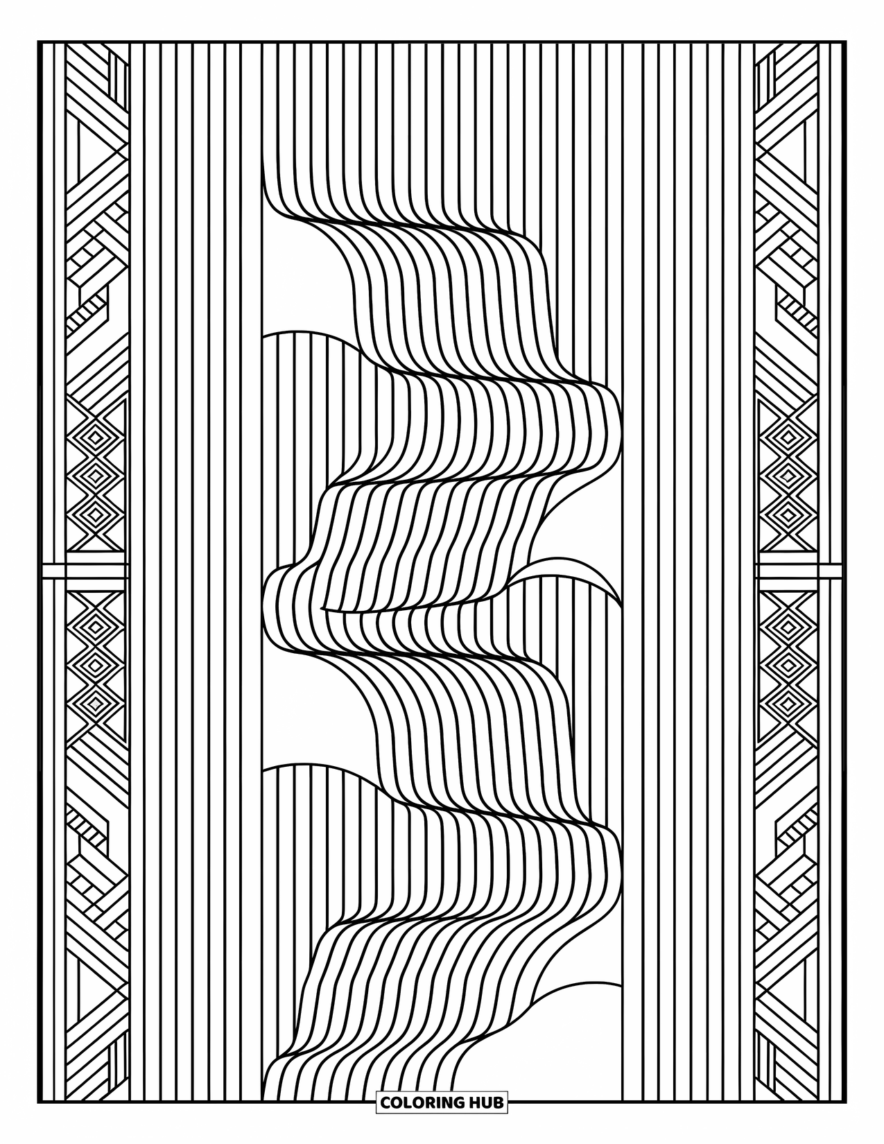 Geometric Coloring Page for Adults: Waterfall made of geometric waves and dividers cascades through an elegant pattern-filled layout