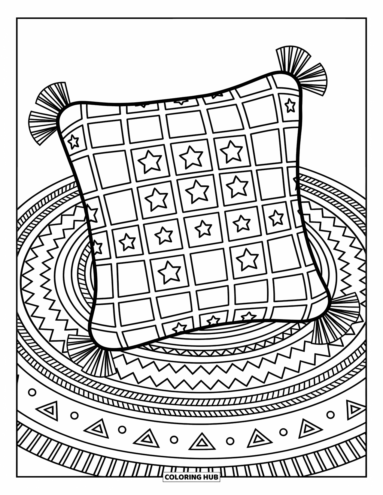 Geometric Coloring Page for Adults: Whimsical pillows with patterns and stars sit on a circular mat with floral touches