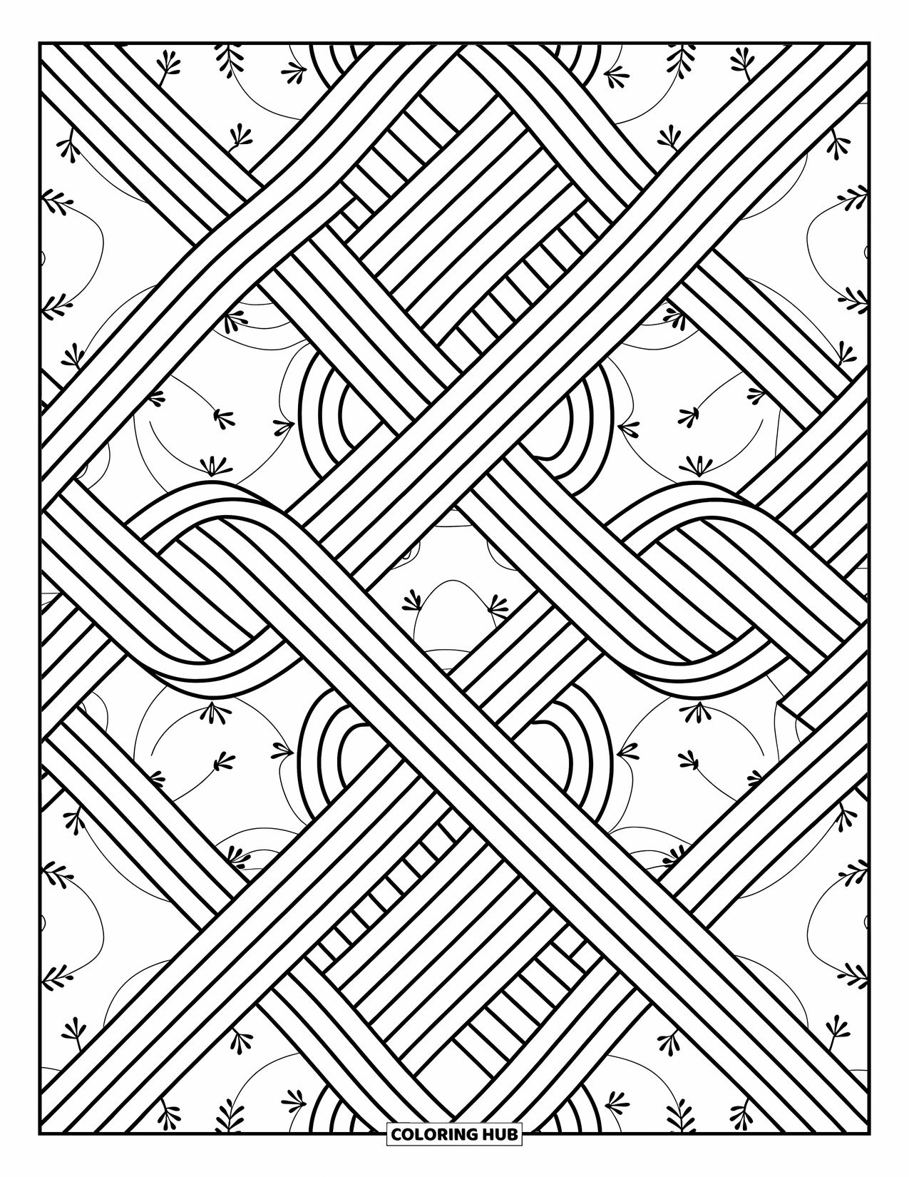Geometric Coloring Page for Adults: Woven geometric ribbons twist and flow in an elegant and mesmerizing pattern