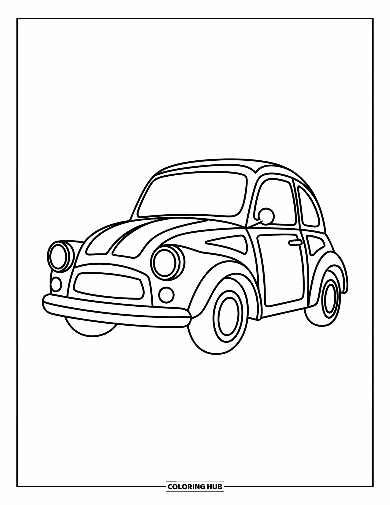 Geometric Coloring Page for Kids: A cheerful car with a round body and simple shapes adds a spark of fun